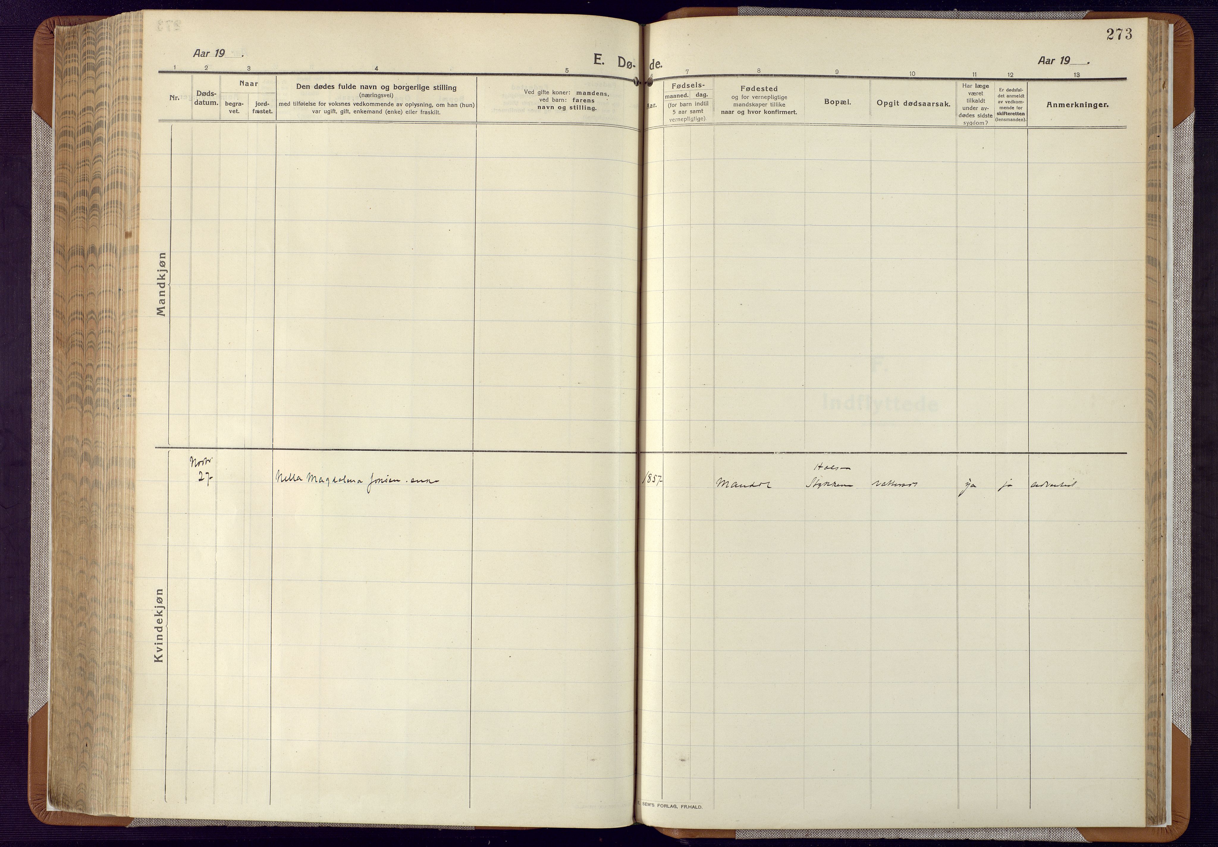 Mandal sokneprestkontor, AV/SAK-1111-0030/F/Fa/Faa/L0022: Parish register (official) no. A 22, 1913-1925, p. 273