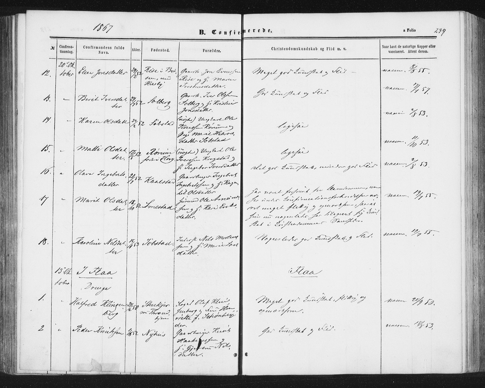 Ministerialprotokoller, klokkerbøker og fødselsregistre - Sør-Trøndelag, AV/SAT-A-1456/691/L1077: Parish register (official) no. 691A09, 1862-1873, p. 239