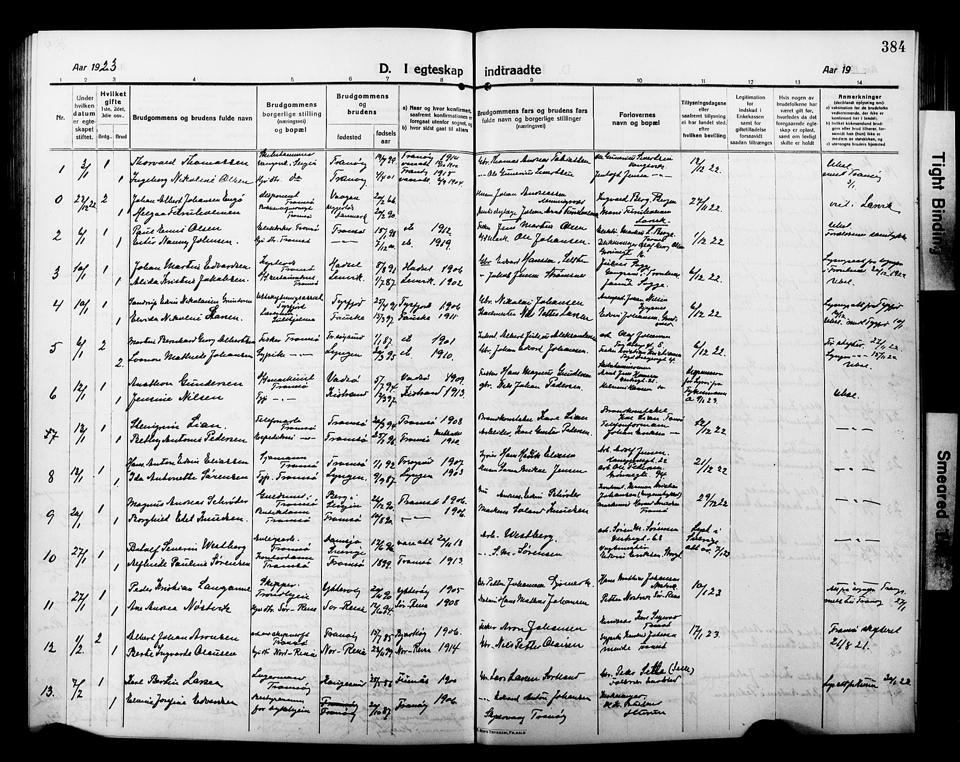 Tromsø sokneprestkontor/stiftsprosti/domprosti, AV/SATØ-S-1343/G/Gb/L0009klokker: Parish register (copy) no. 9, 1915-1925, p. 384