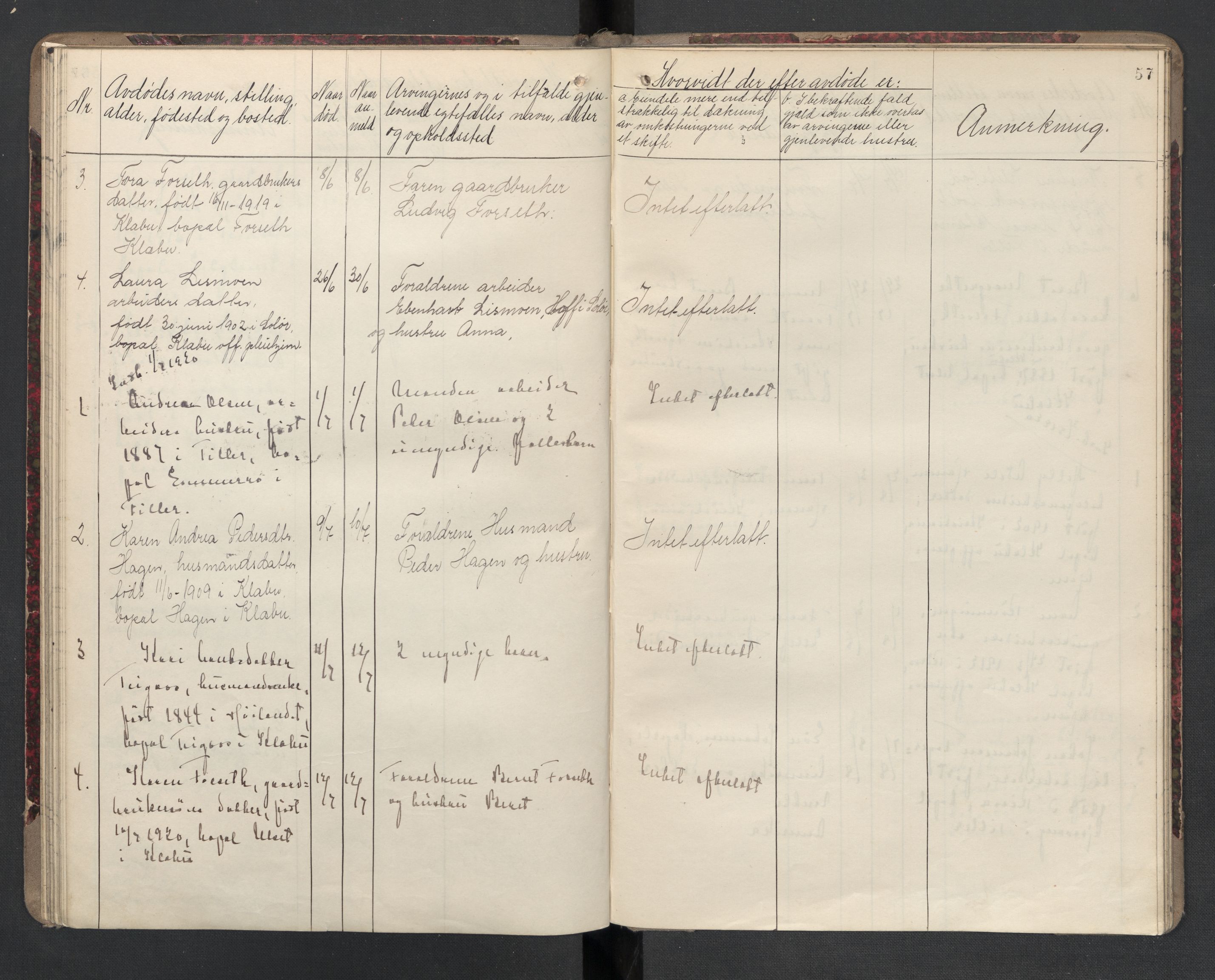 Klæbu lensmannskontor, AV/SAT-A-1059/1/02/L0001: 2.01.01 Anmeldte dødsfall, 1908-1924, p. 57