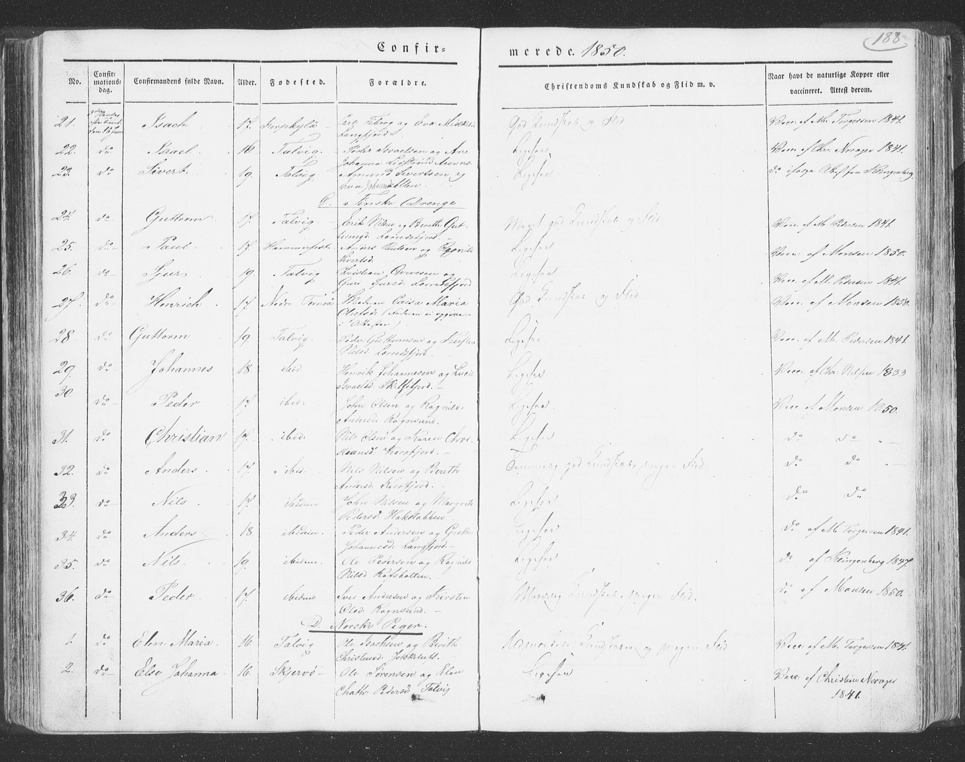 Talvik sokneprestkontor, AV/SATØ-S-1337/H/Ha/L0009kirke: Parish register (official) no. 9, 1837-1852, p. 188