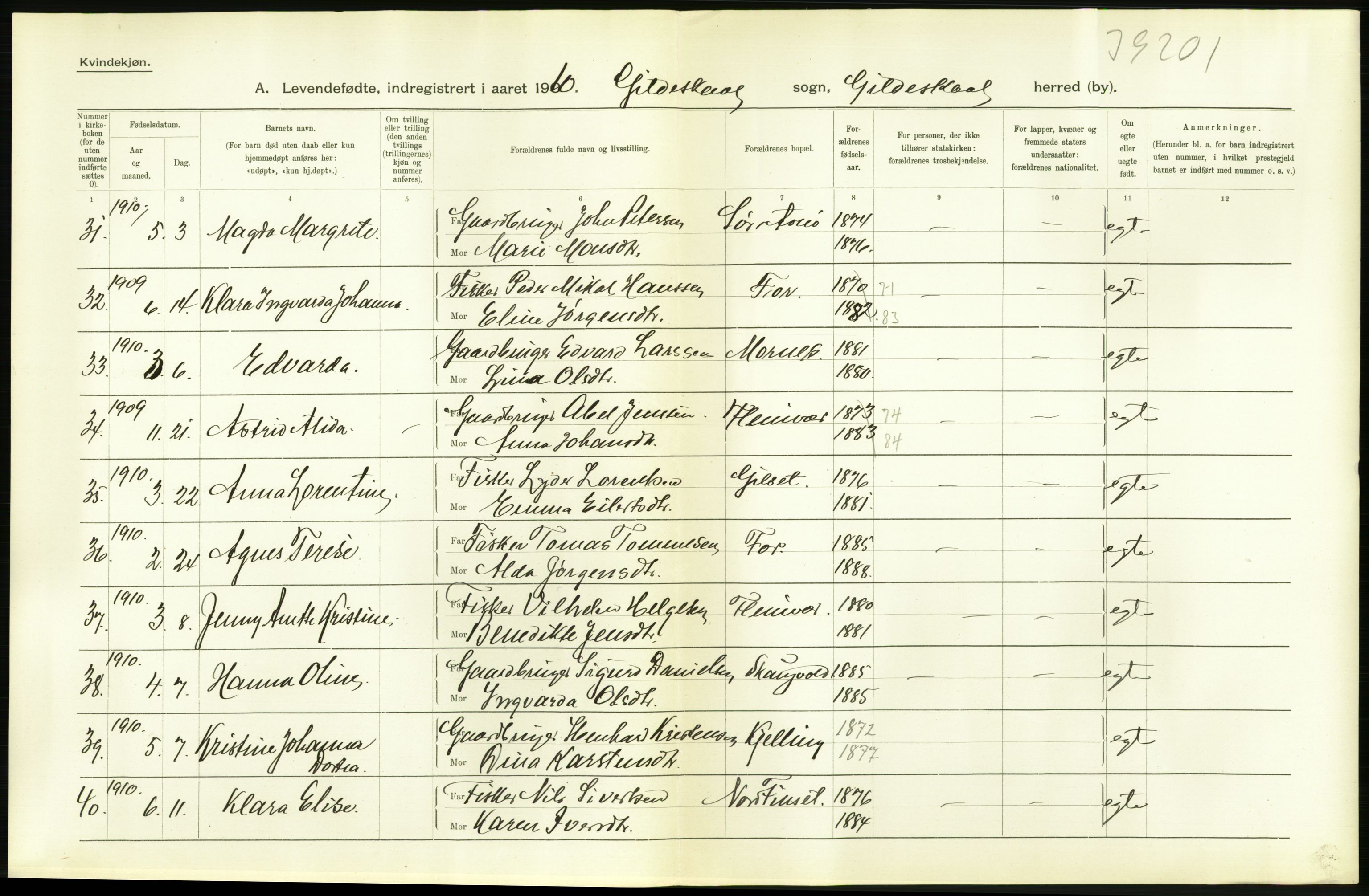 Statistisk sentralbyrå, Sosiodemografiske emner, Befolkning, AV/RA-S-2228/D/Df/Dfa/Dfah/L0040: Nordlands amt: Levendefødte menn og kvinner. Bygder., 1910, p. 18