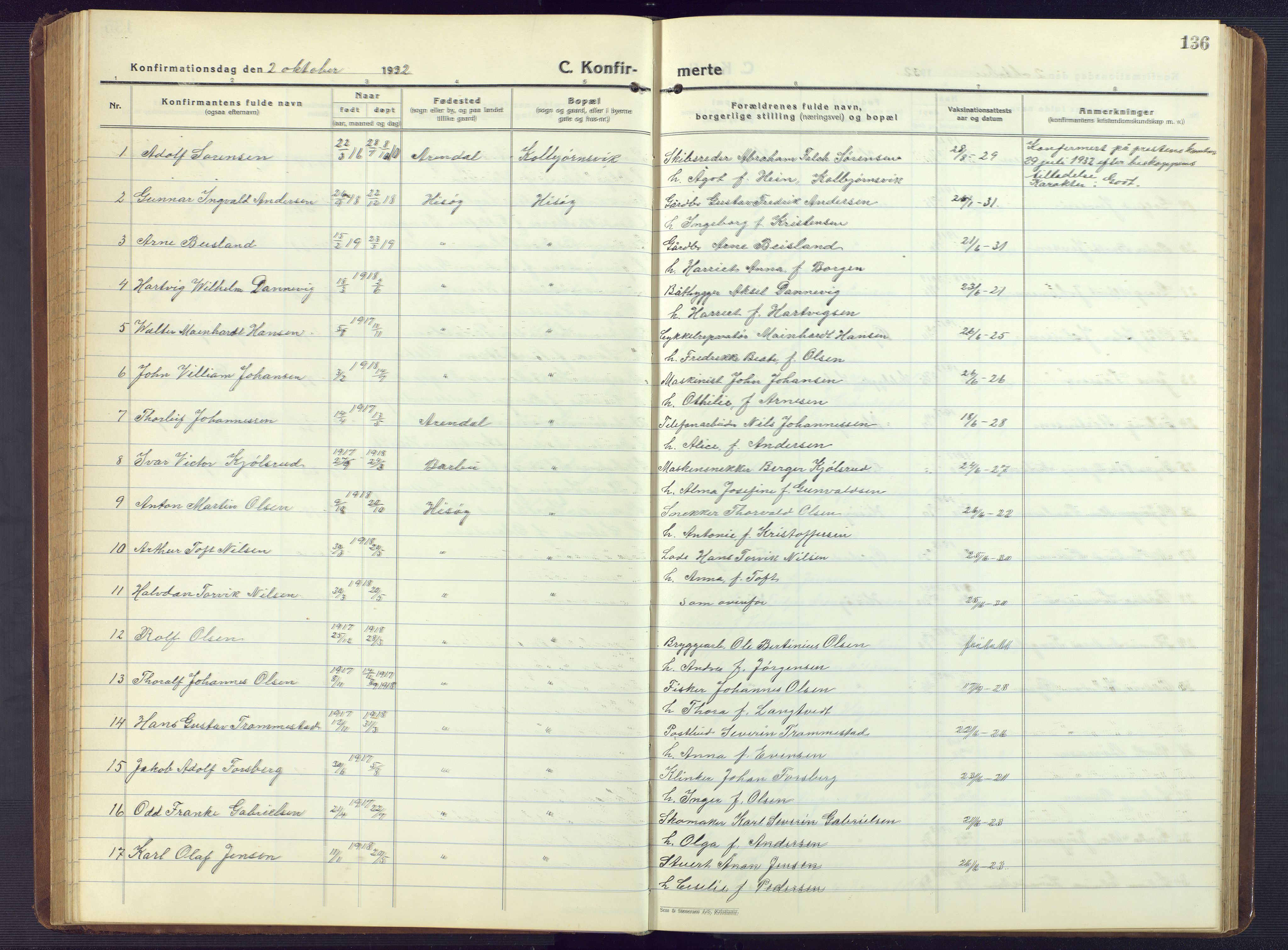 Hisøy sokneprestkontor, AV/SAK-1111-0020/F/Fb/L0005: Parish register (copy) no. B 5, 1924-1946, p. 136