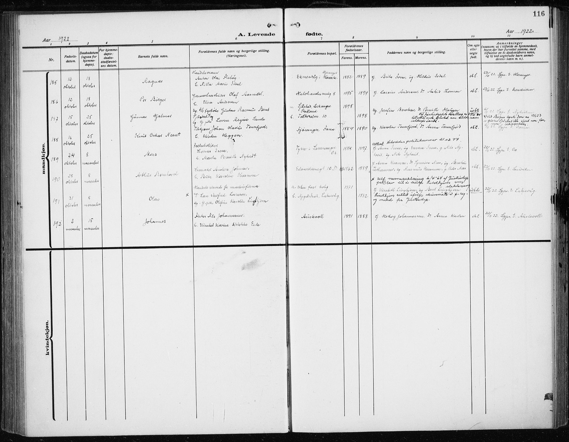 Fødselsstiftelsens sokneprestembete*, SAB/-: Parish register (official) no. A 5, 1918-1926, p. 116