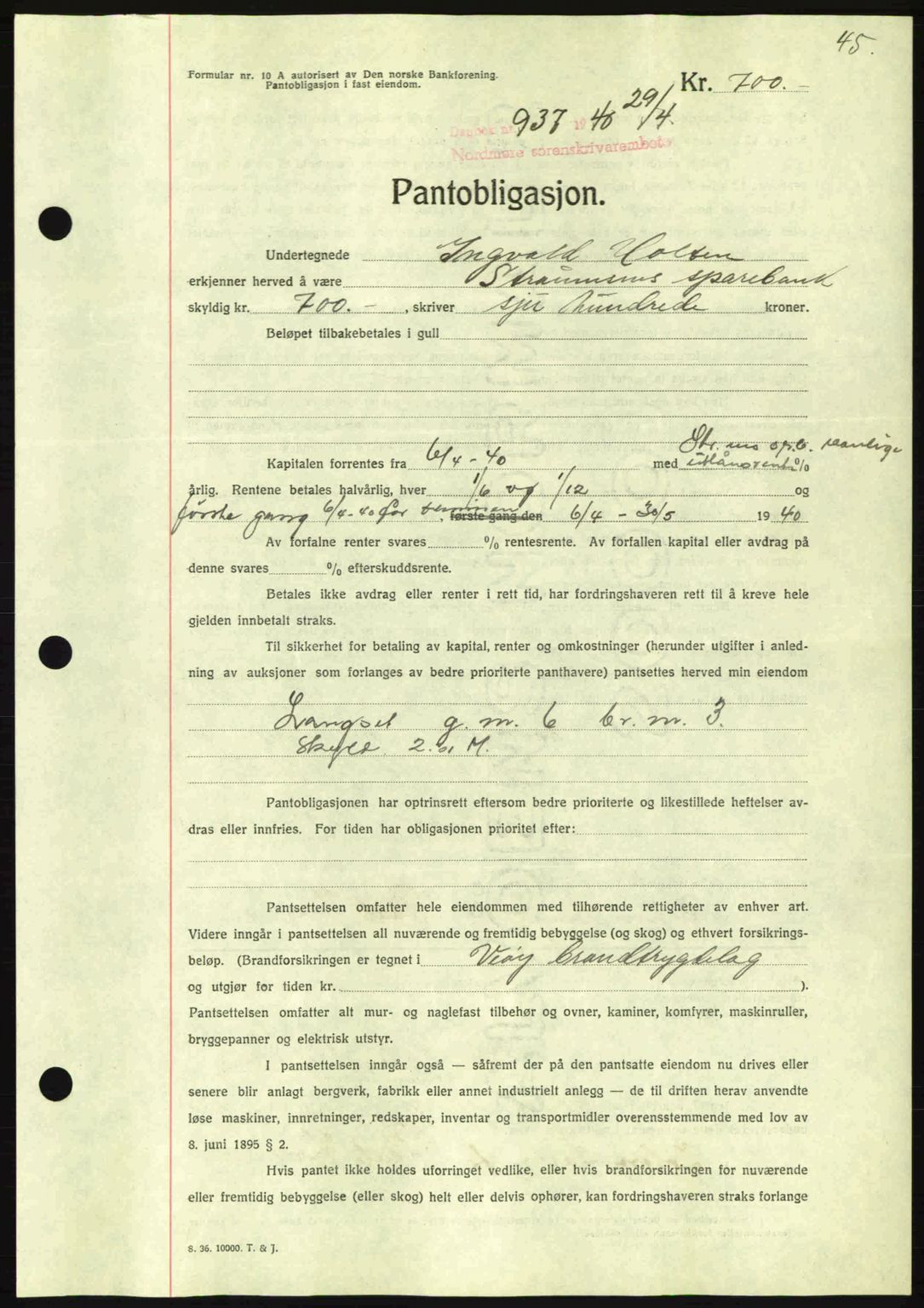 Nordmøre sorenskriveri, AV/SAT-A-4132/1/2/2Ca: Mortgage book no. B87, 1940-1941, Diary no: : 937/1940