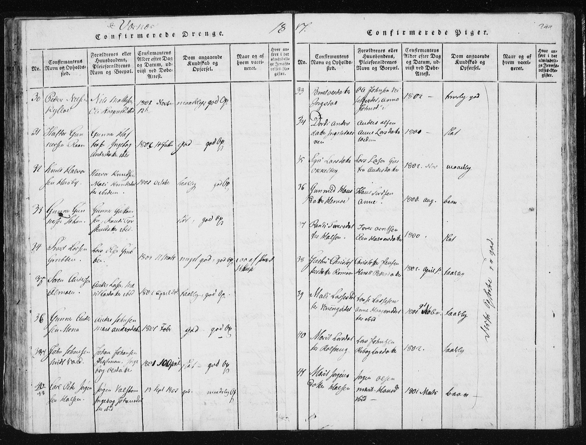 Ministerialprotokoller, klokkerbøker og fødselsregistre - Nord-Trøndelag, AV/SAT-A-1458/709/L0061: Parish register (official) no. 709A08 /1, 1815-1819, p. 244