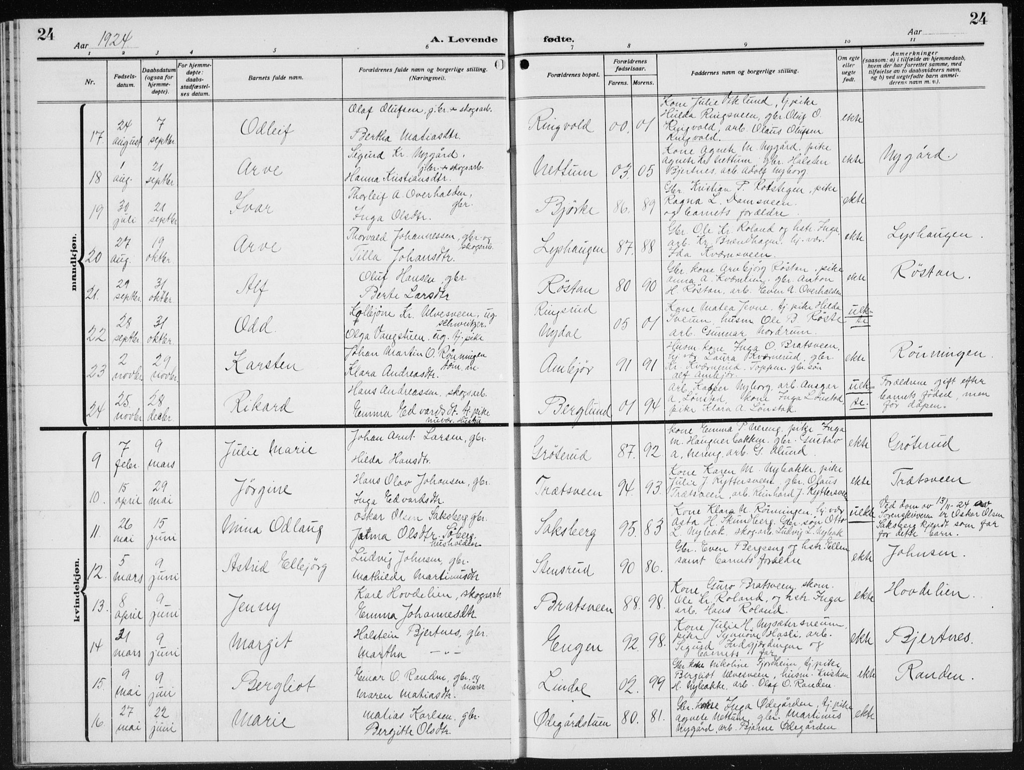 Biri prestekontor, AV/SAH-PREST-096/H/Ha/Hab/L0007: Parish register (copy) no. 7, 1919-1941, p. 24