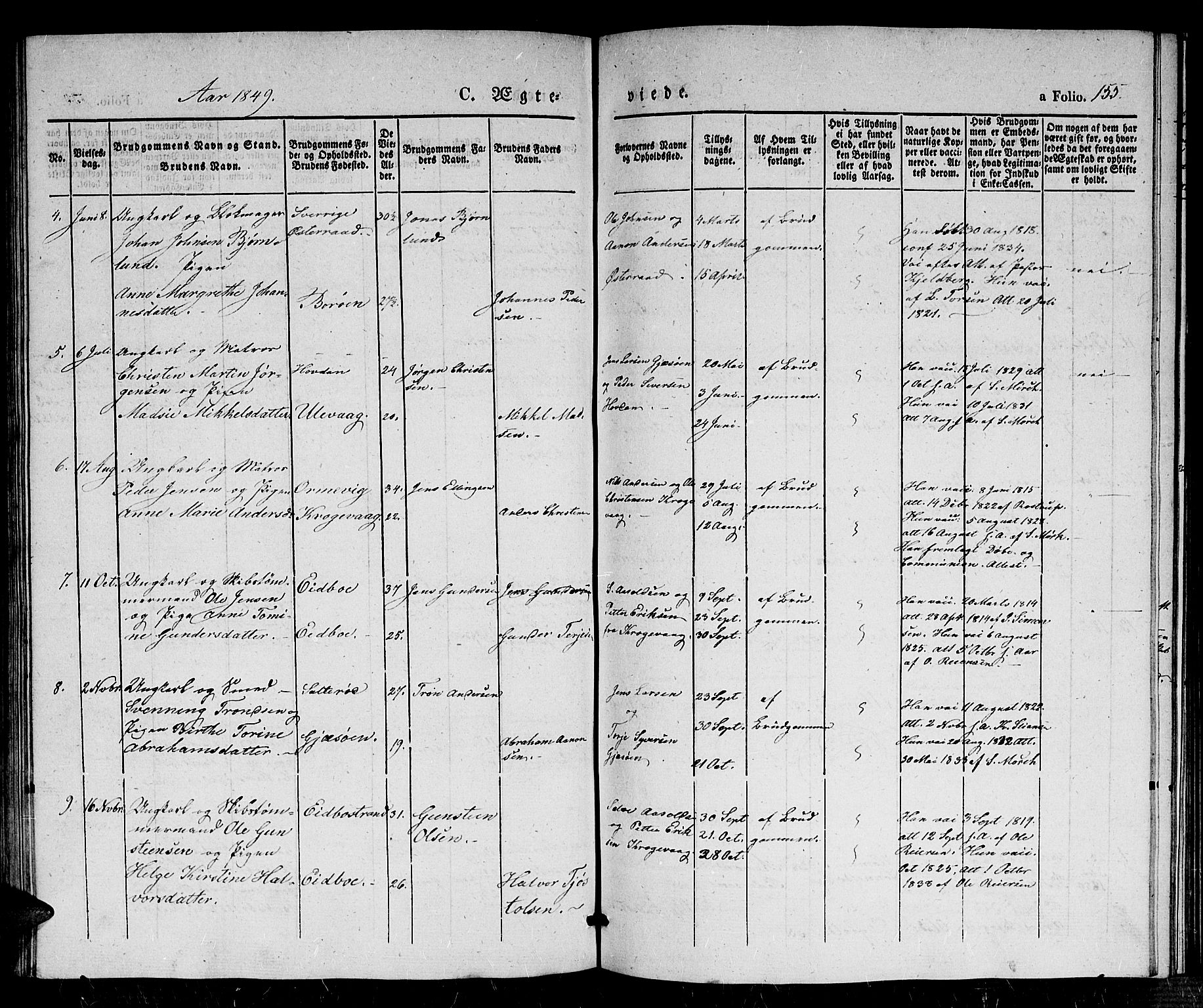 Dypvåg sokneprestkontor, AV/SAK-1111-0007/F/Fb/Fba/L0010: Parish register (copy) no. B 10, 1842-1857, p. 155