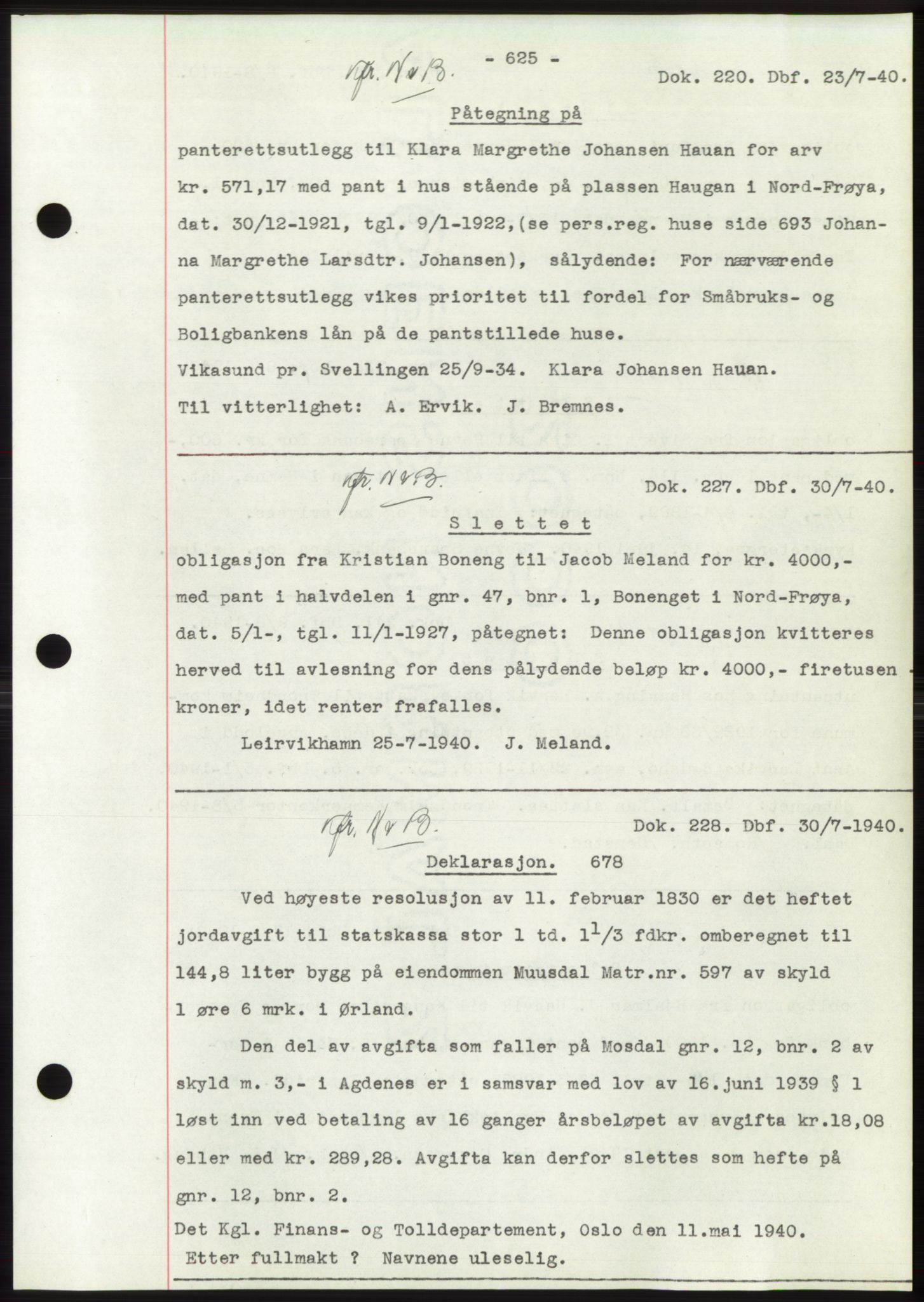 Hitra sorenskriveri, AV/SAT-A-0018/2/2C/2Ca: Mortgage book no. C1, 1936-1945, Diary no: : 220/1940