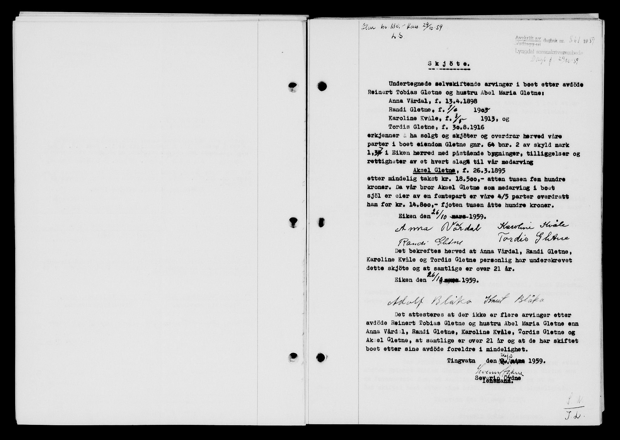 Lyngdal sorenskriveri, AV/SAK-1221-0004/G/Gb/L0679: Mortgage book no. A XXV, 1959-1960, Diary no: : 861/1959