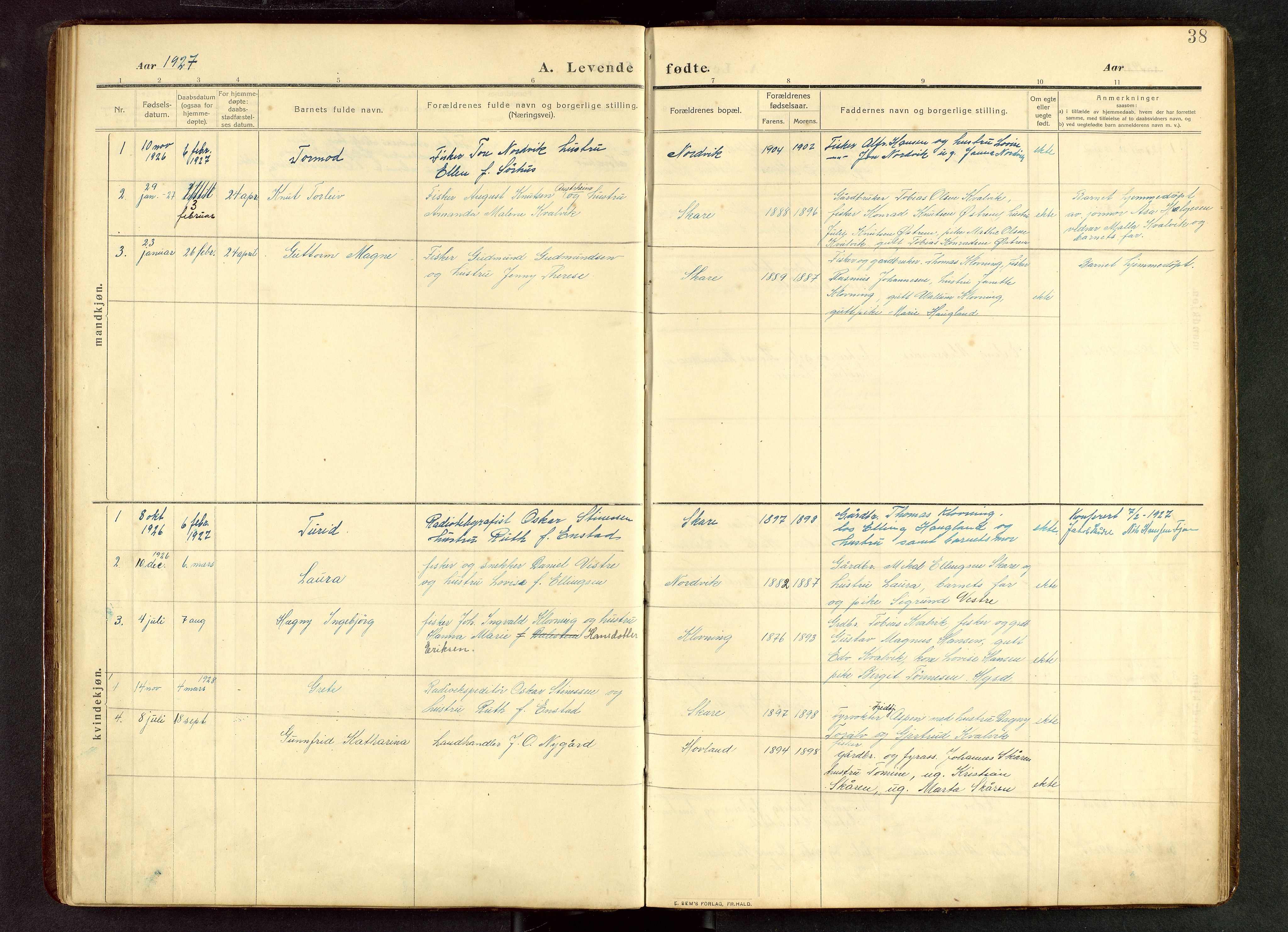 Torvastad sokneprestkontor, SAST/A -101857/H/Ha/Hab/L0012: Parish register (copy) no. B 12, 1909-1945, p. 38