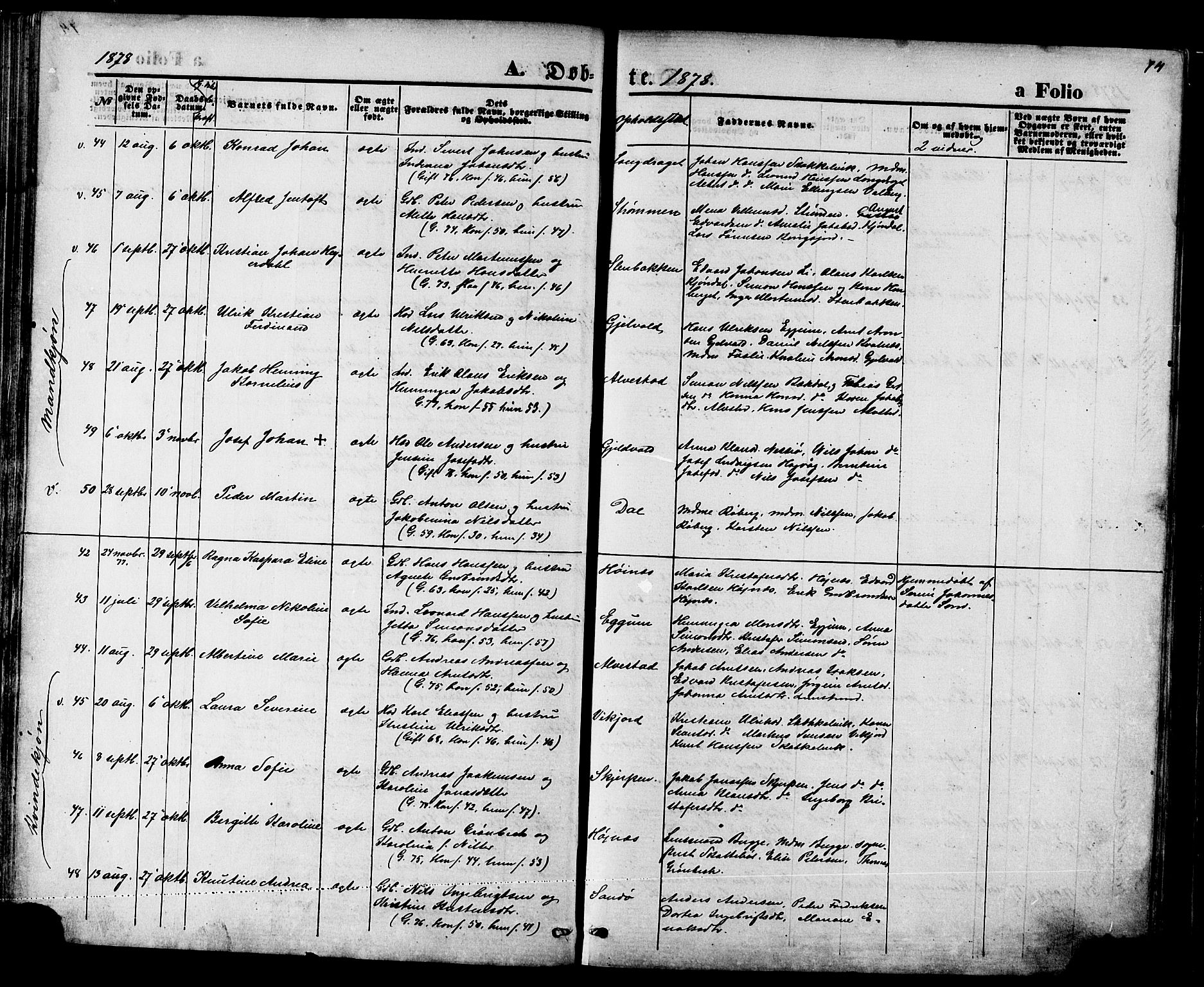 Ministerialprotokoller, klokkerbøker og fødselsregistre - Nordland, AV/SAT-A-1459/880/L1132: Parish register (official) no. 880A06, 1869-1887, p. 74