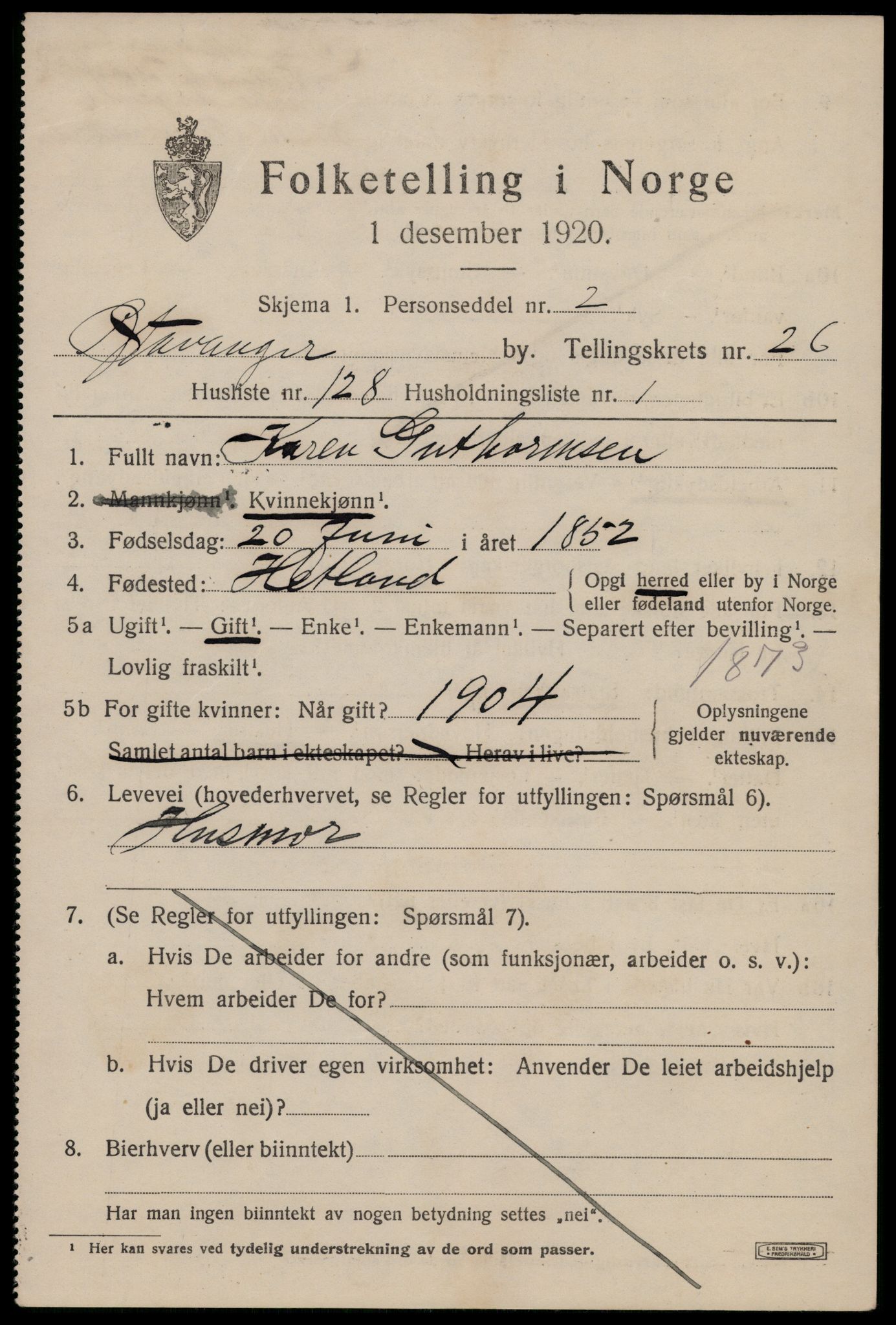 SAST, 1920 census for Stavanger, 1920, p. 79050