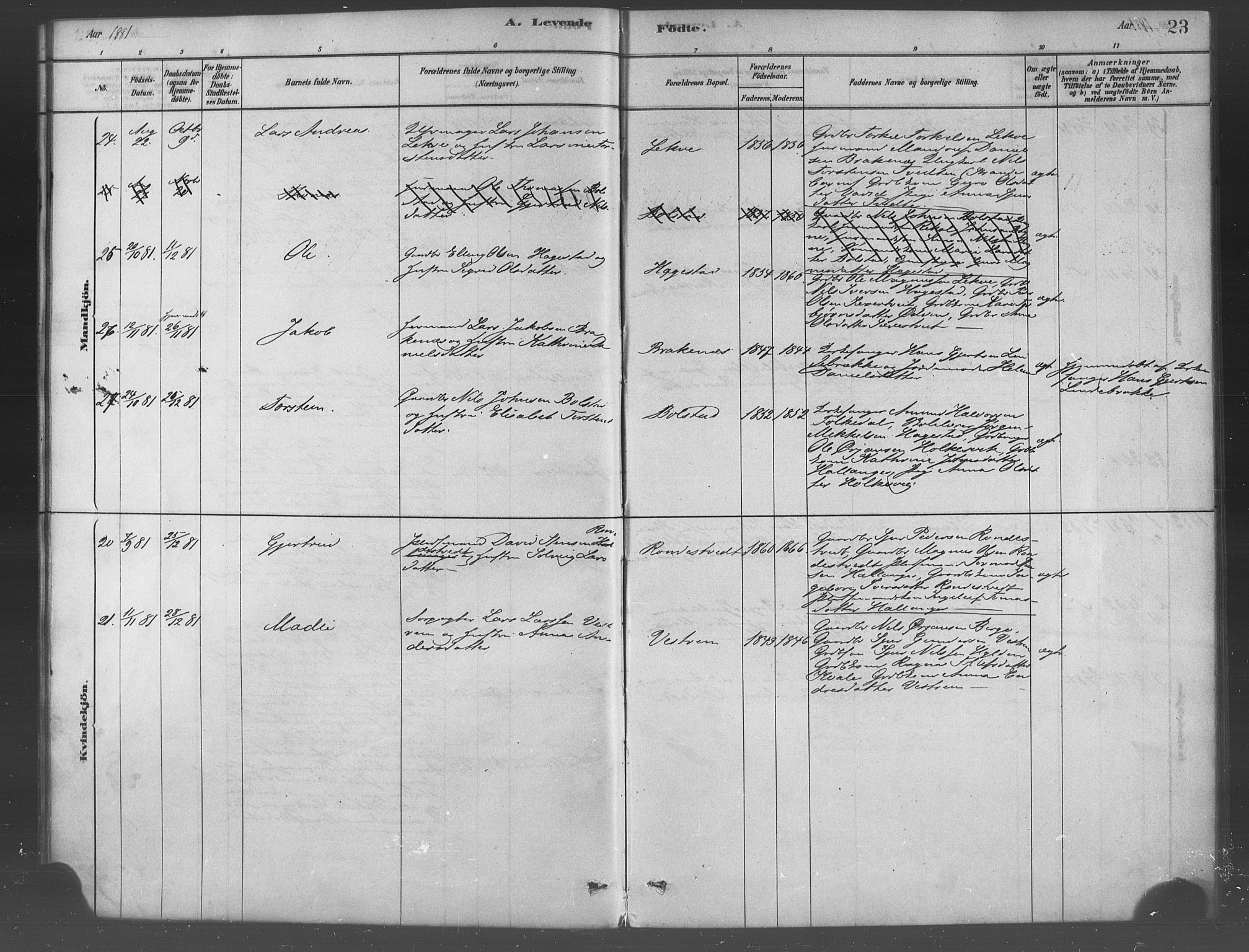 Ulvik sokneprestembete, SAB/A-78801/H/Haa: Parish register (official) no. B 1, 1878-1897, p. 23