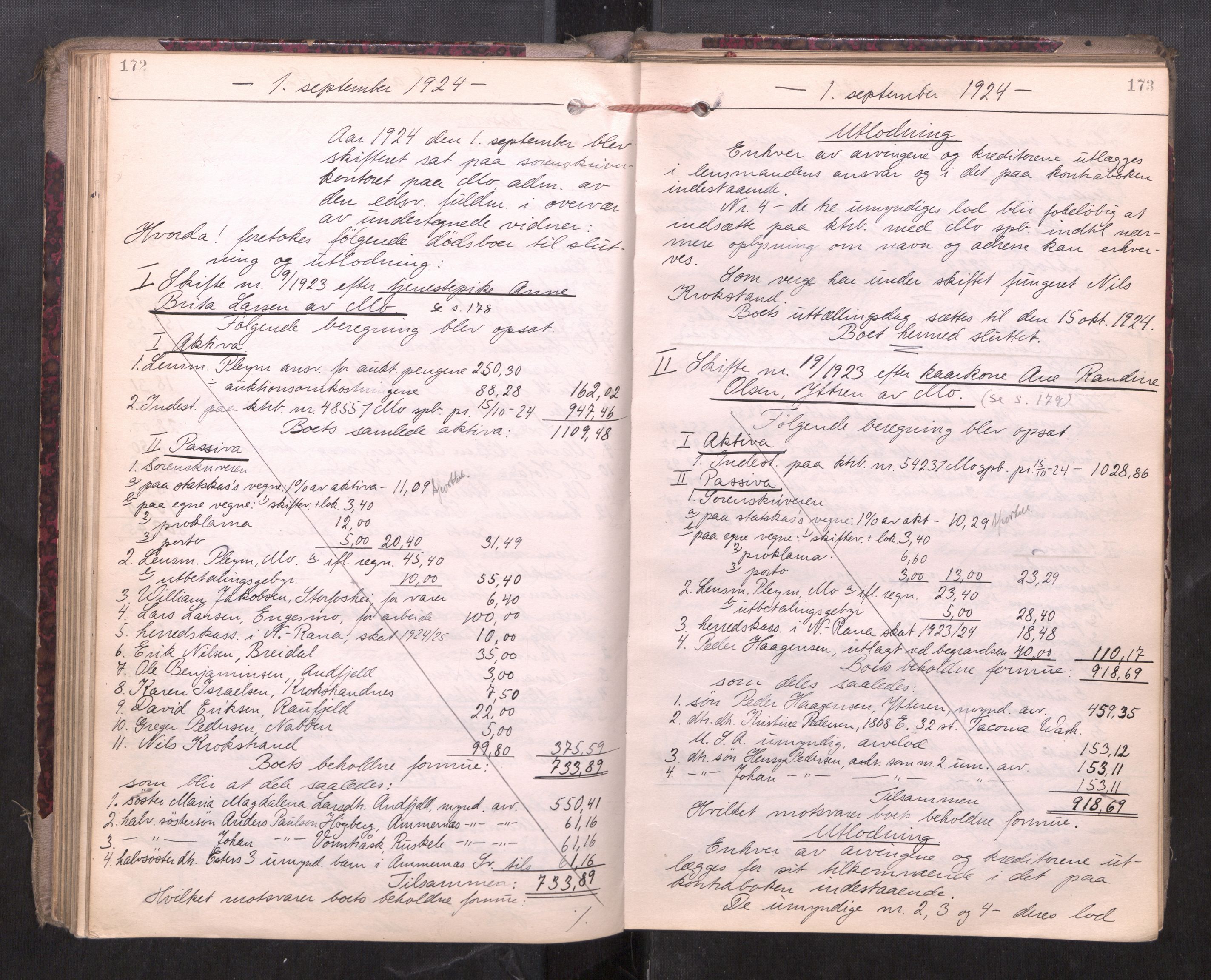 Rana sorenskriveri , AV/SAT-A-1108/1/3/3A/L0010: Skifteslutningsprotokoll, 1921-1927, p. 172-173