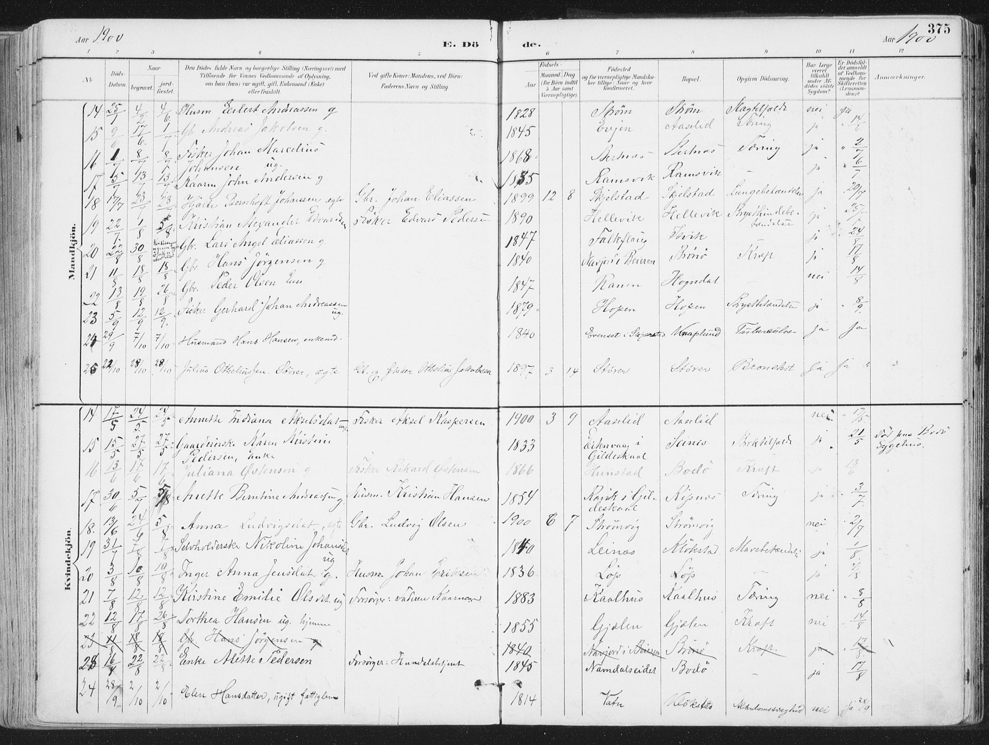 Ministerialprotokoller, klokkerbøker og fødselsregistre - Nordland, AV/SAT-A-1459/802/L0055: Parish register (official) no. 802A02, 1894-1915, p. 375