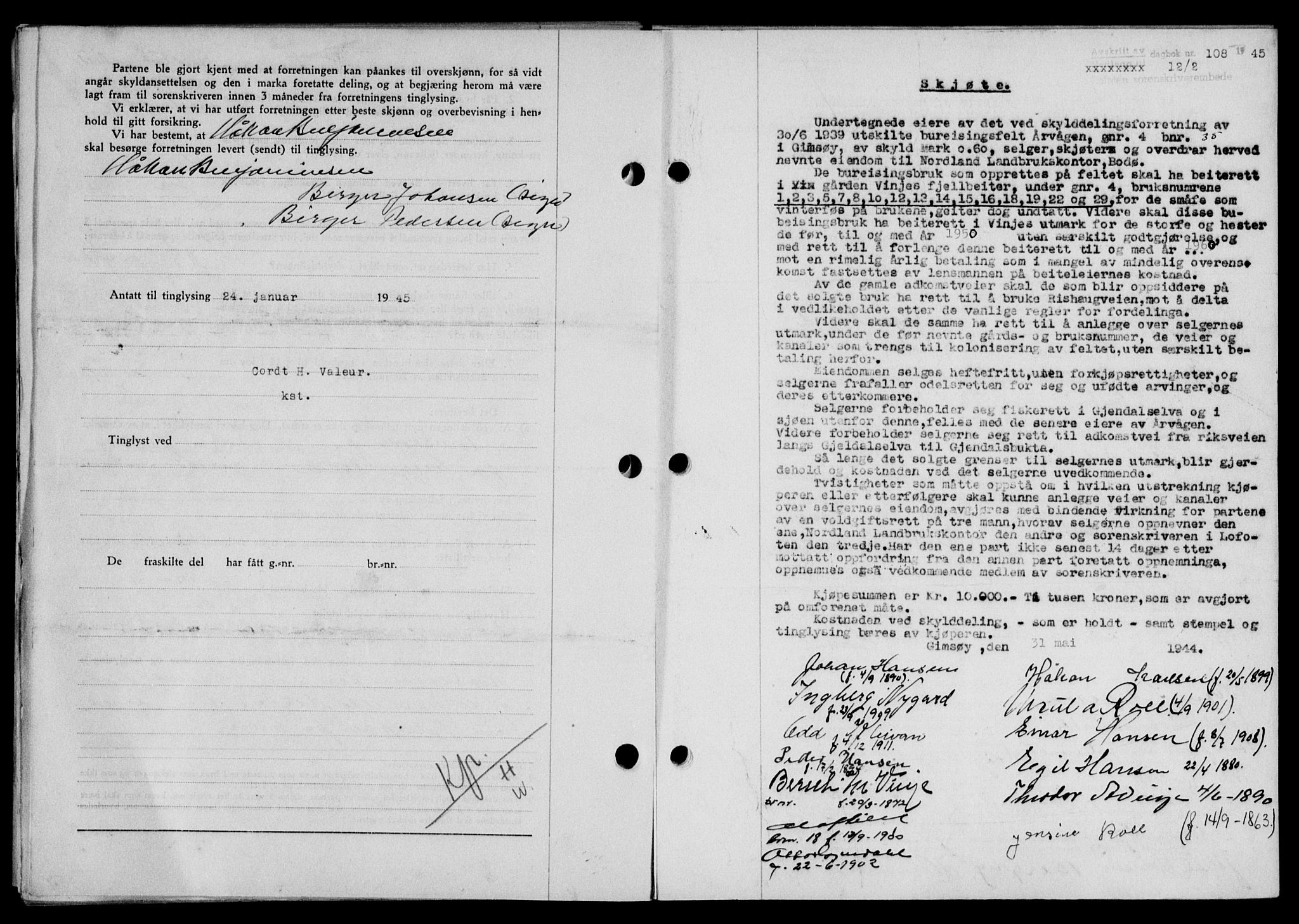 Lofoten sorenskriveri, SAT/A-0017/1/2/2C/L0013a: Mortgage book no. 13a, 1944-1946, Diary no: : 108/1945