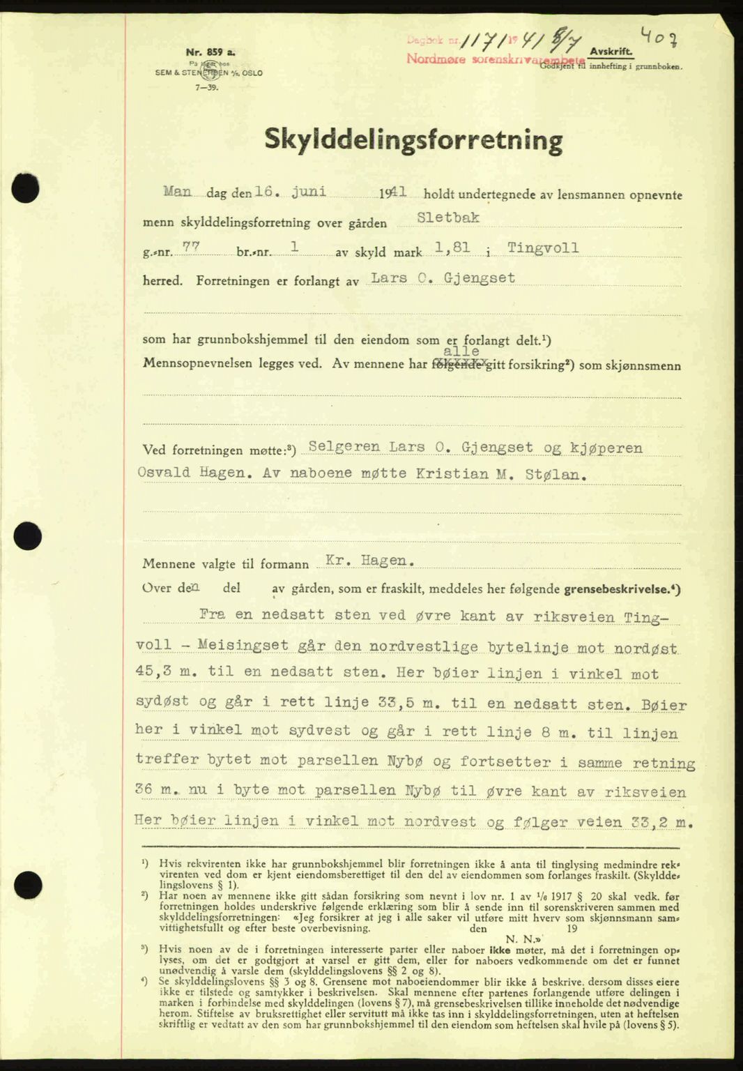 Nordmøre sorenskriveri, SAT/A-4132/1/2/2Ca: Mortgage book no. A90, 1941-1941, Diary no: : 1171/1941