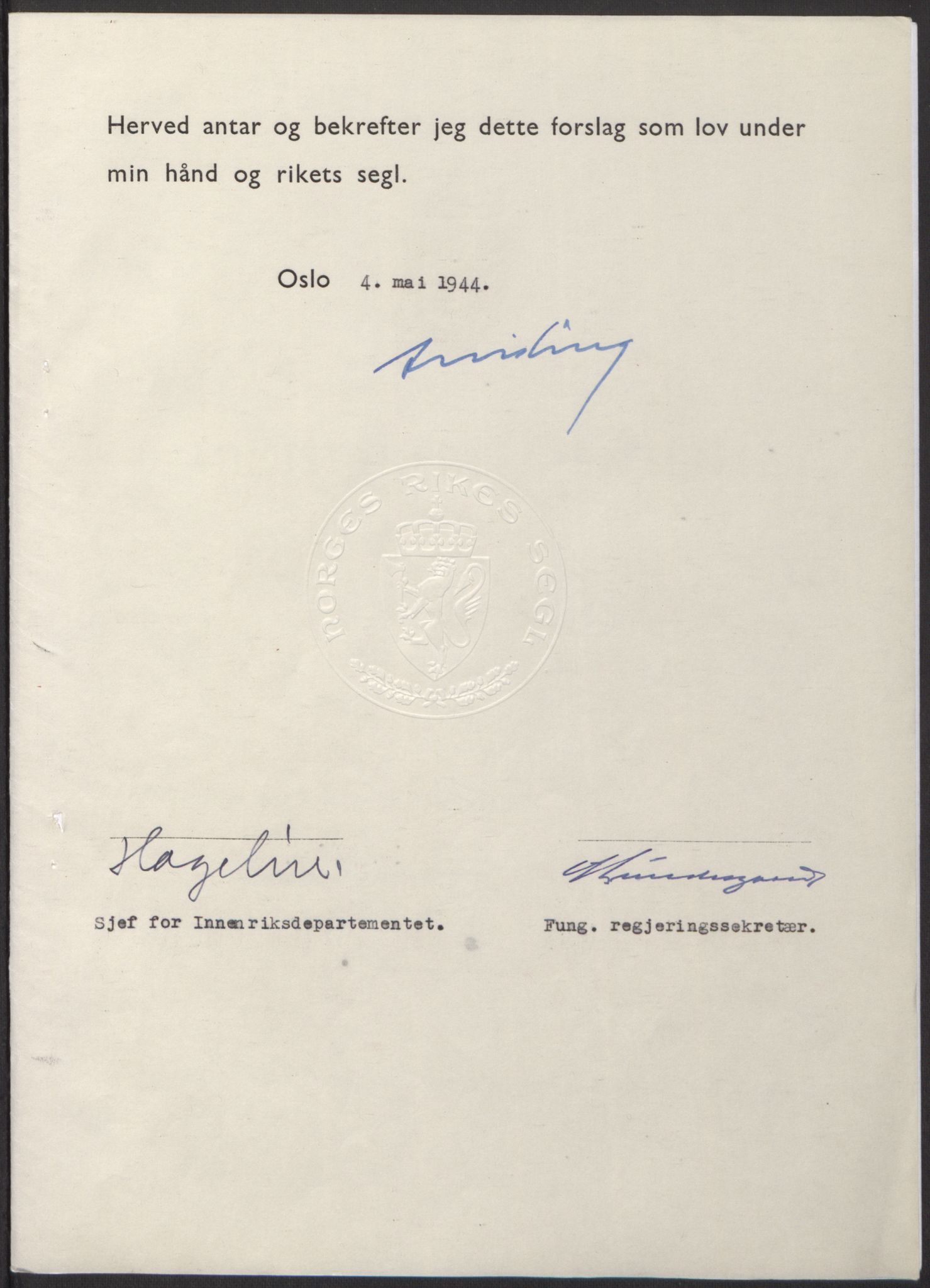 NS-administrasjonen 1940-1945 (Statsrådsekretariatet, de kommisariske statsråder mm), AV/RA-S-4279/D/Db/L0100: Lover, 1944, p. 204