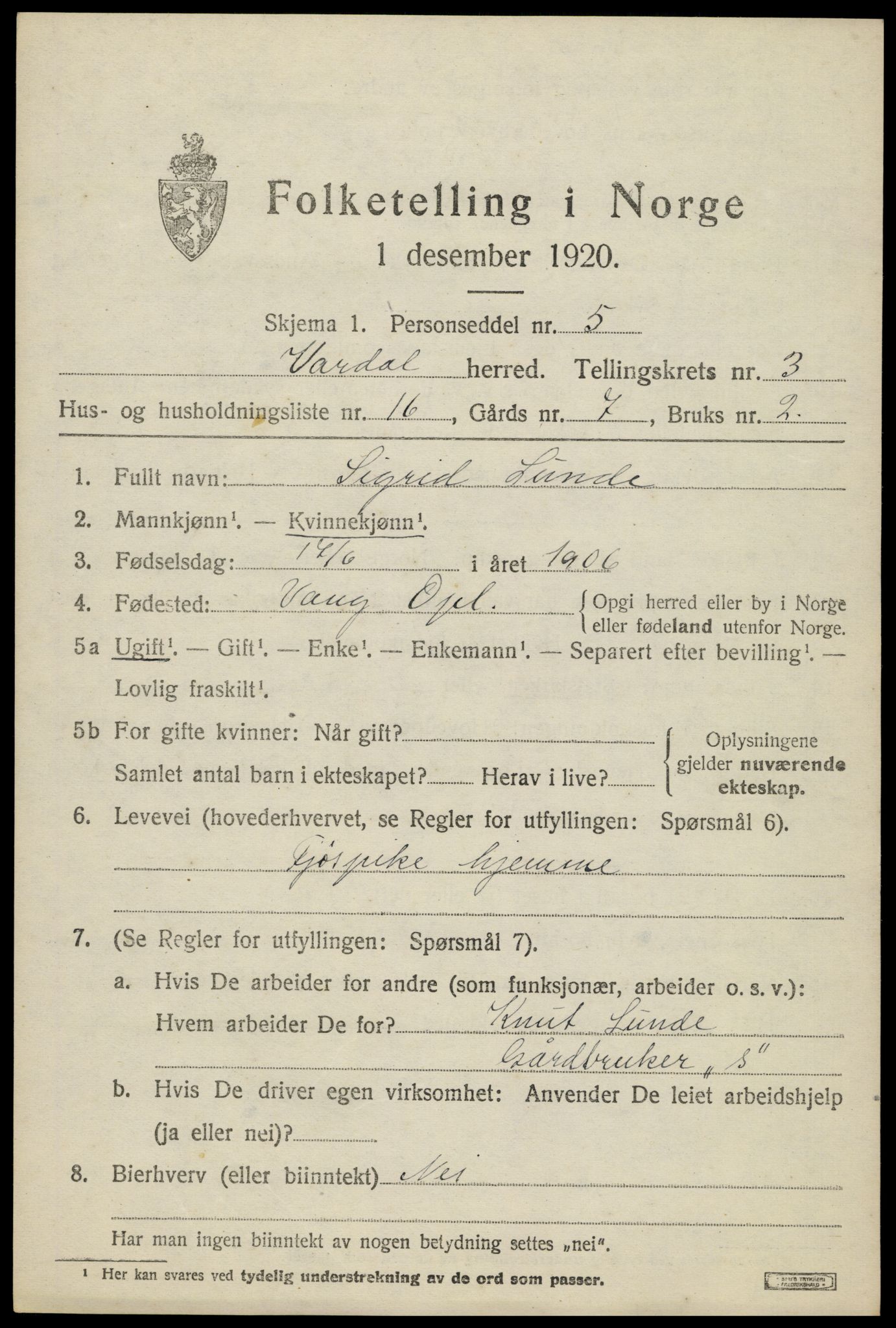 SAH, 1920 census for Vardal, 1920, p. 2849