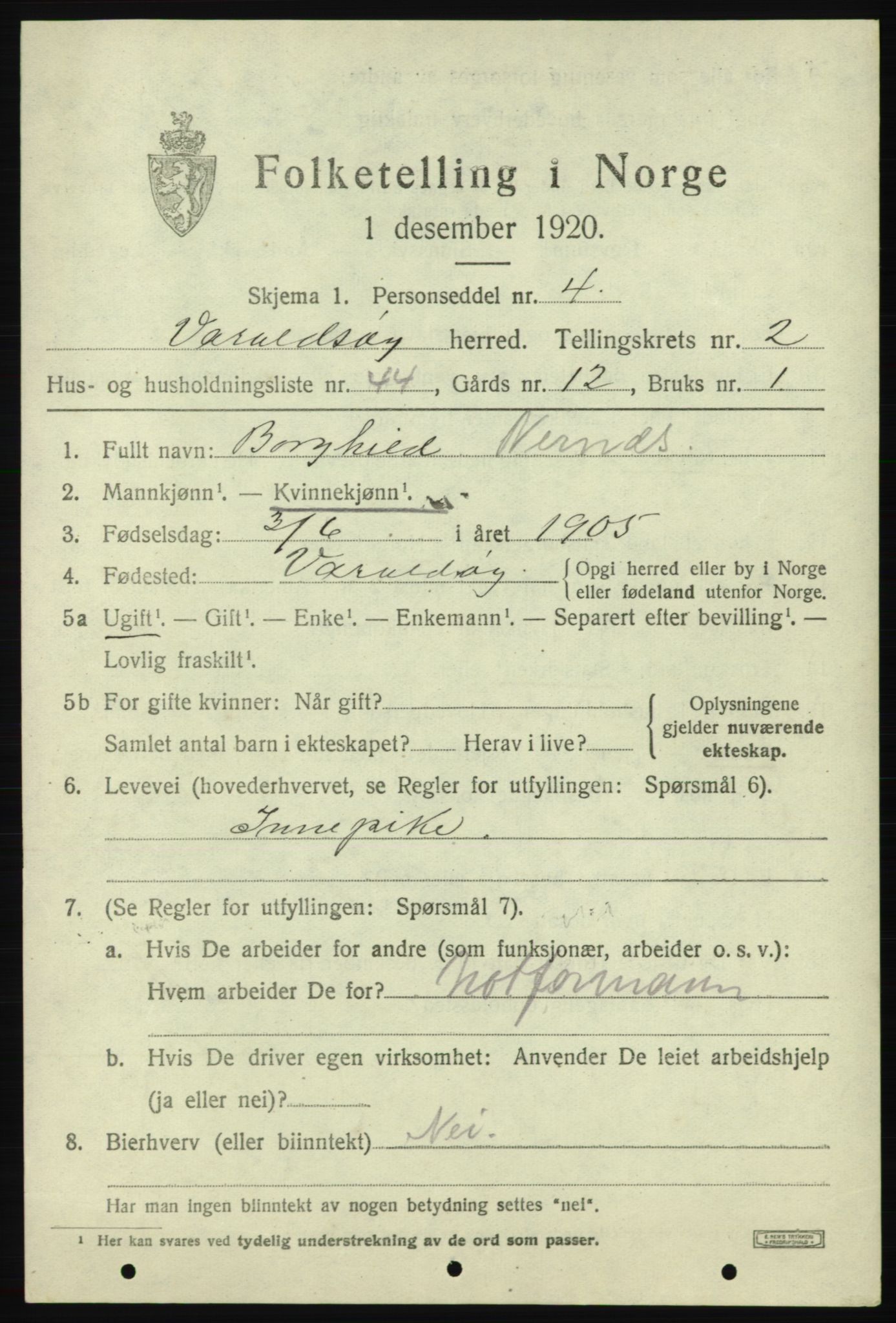 SAB, 1920 census for Varaldsøy, 1920, p. 1253