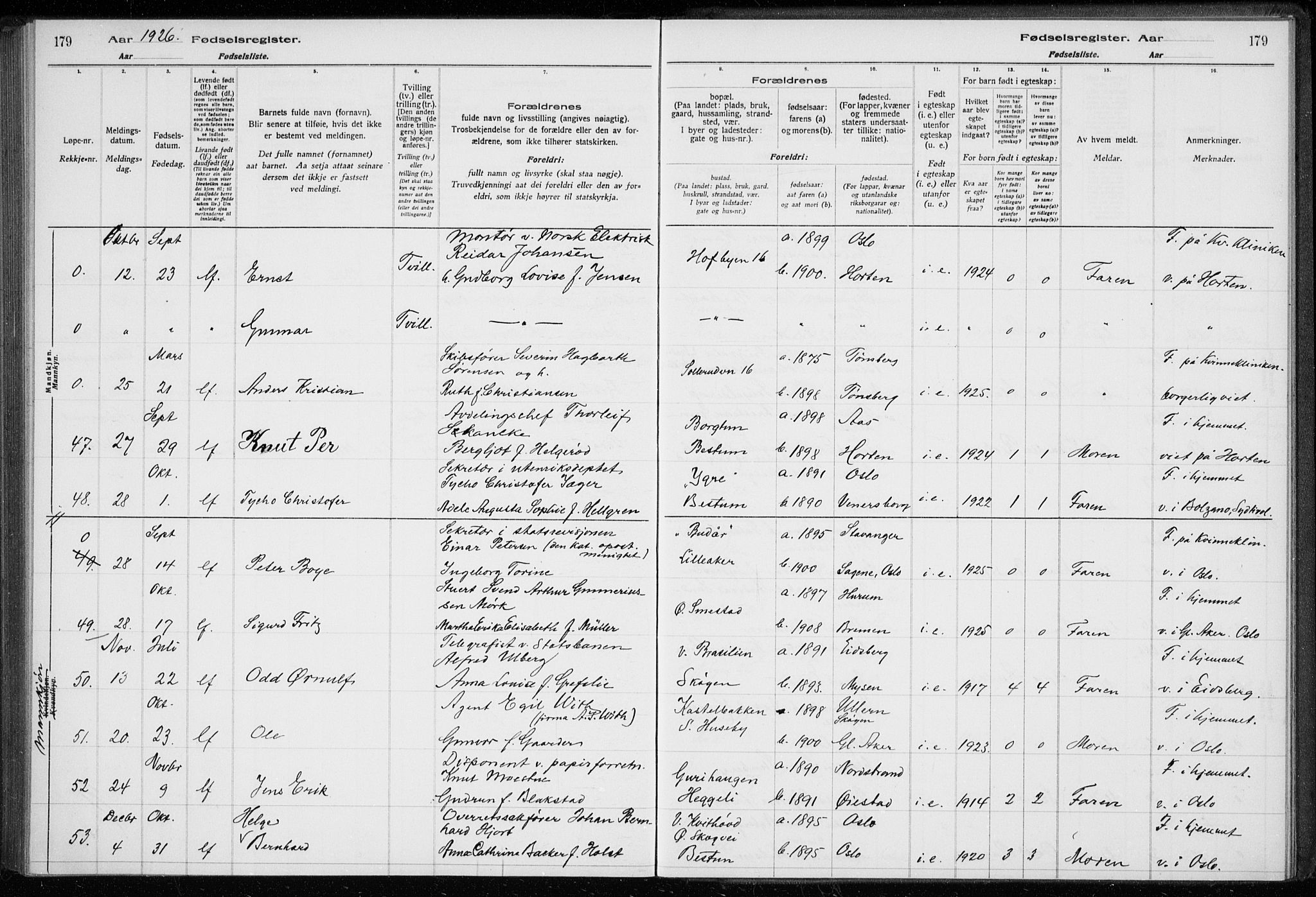 Ullern prestekontor Kirkebøker, AV/SAO-A-10740/J/L0001: Birth register no. 1, 1916-1928, p. 179