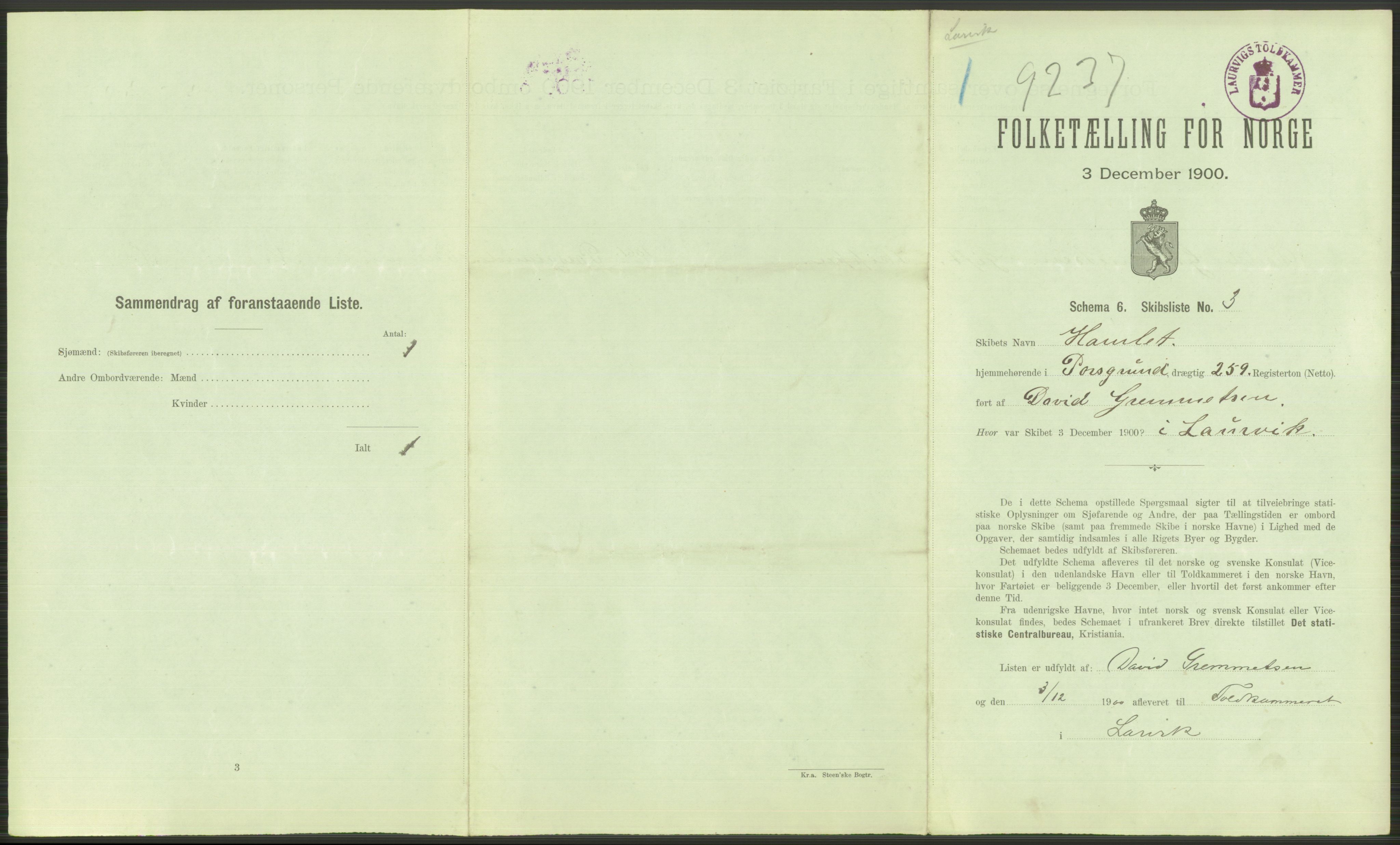 RA, 1900 Census - ship lists from ships in Norwegian harbours, harbours abroad and at sea, 1900, p. 549