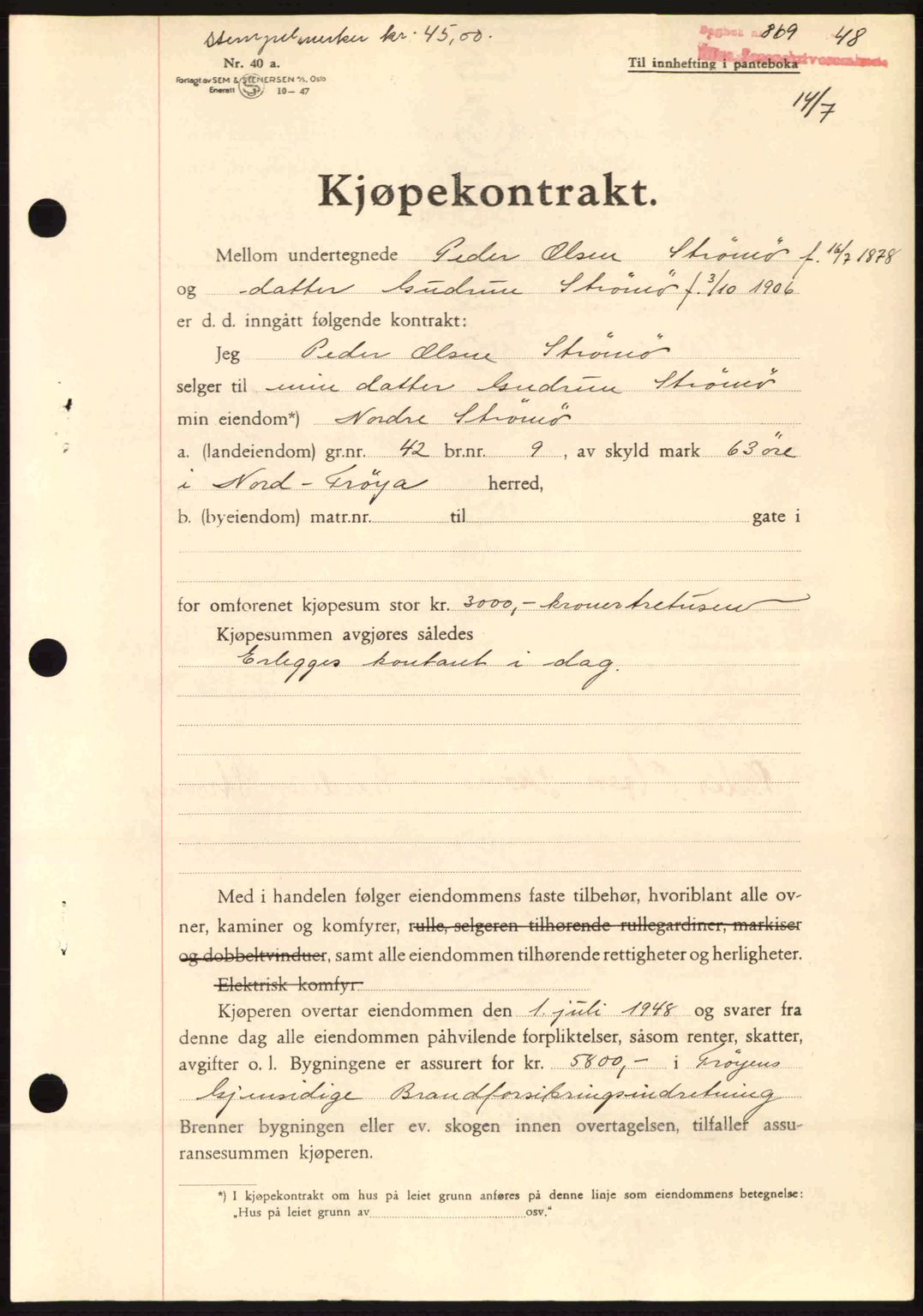 Hitra sorenskriveri, AV/SAT-A-0018/2/2C/2Ca: Mortgage book no. A5, 1947-1948, Diary no: : 869/1948