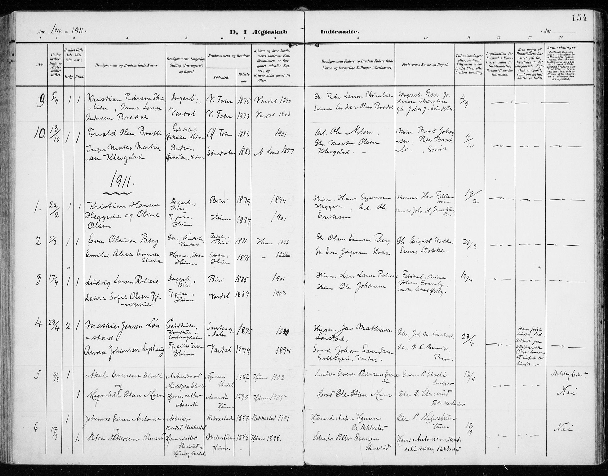 Vardal prestekontor, SAH/PREST-100/H/Ha/Haa/L0016: Parish register (official) no. 16, 1904-1916, p. 154