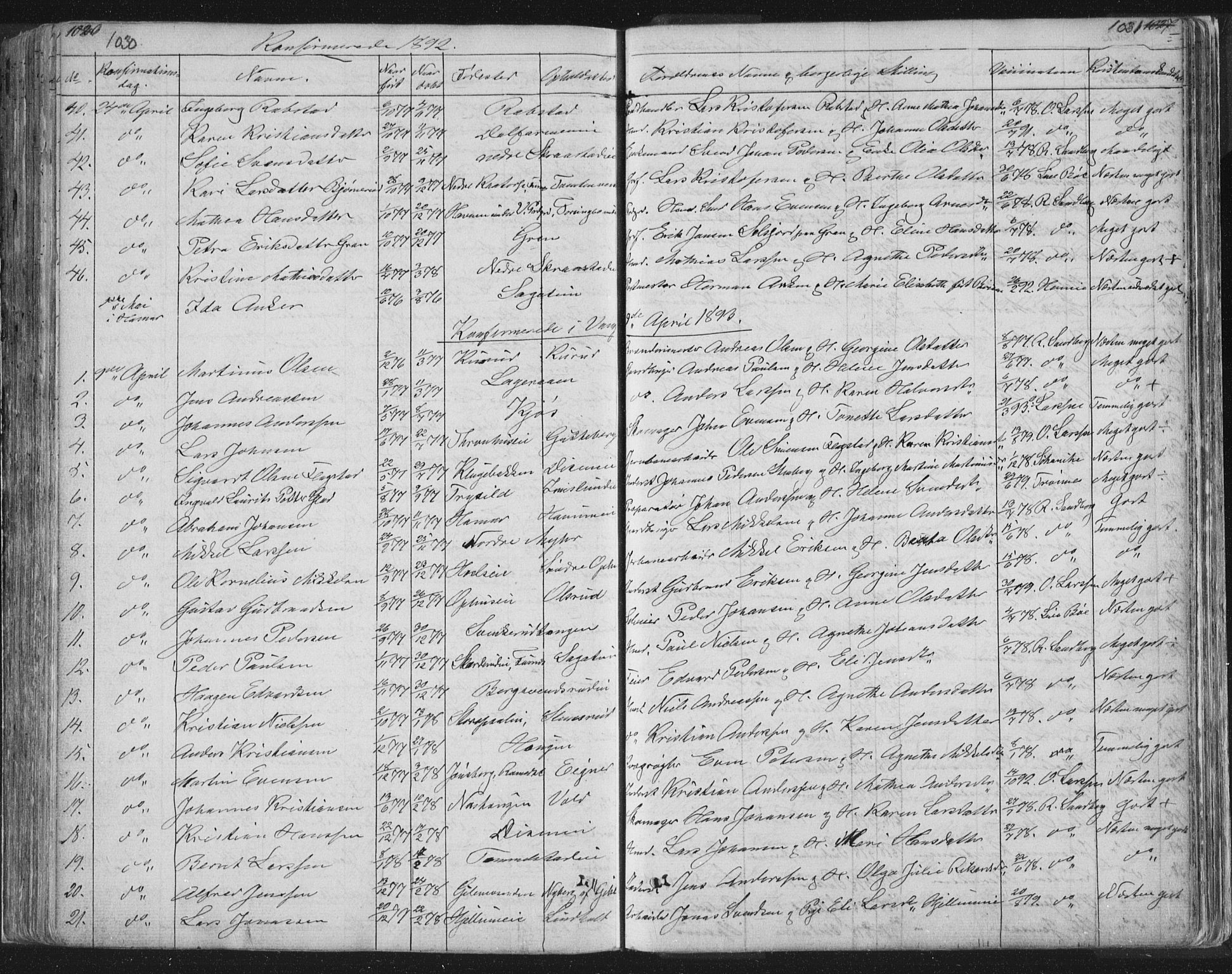Vang prestekontor, Hedmark, SAH/PREST-008/H/Ha/Hab/L0010B: Parish register (copy) no. 10b, 1854-1896, p. 1030-1031
