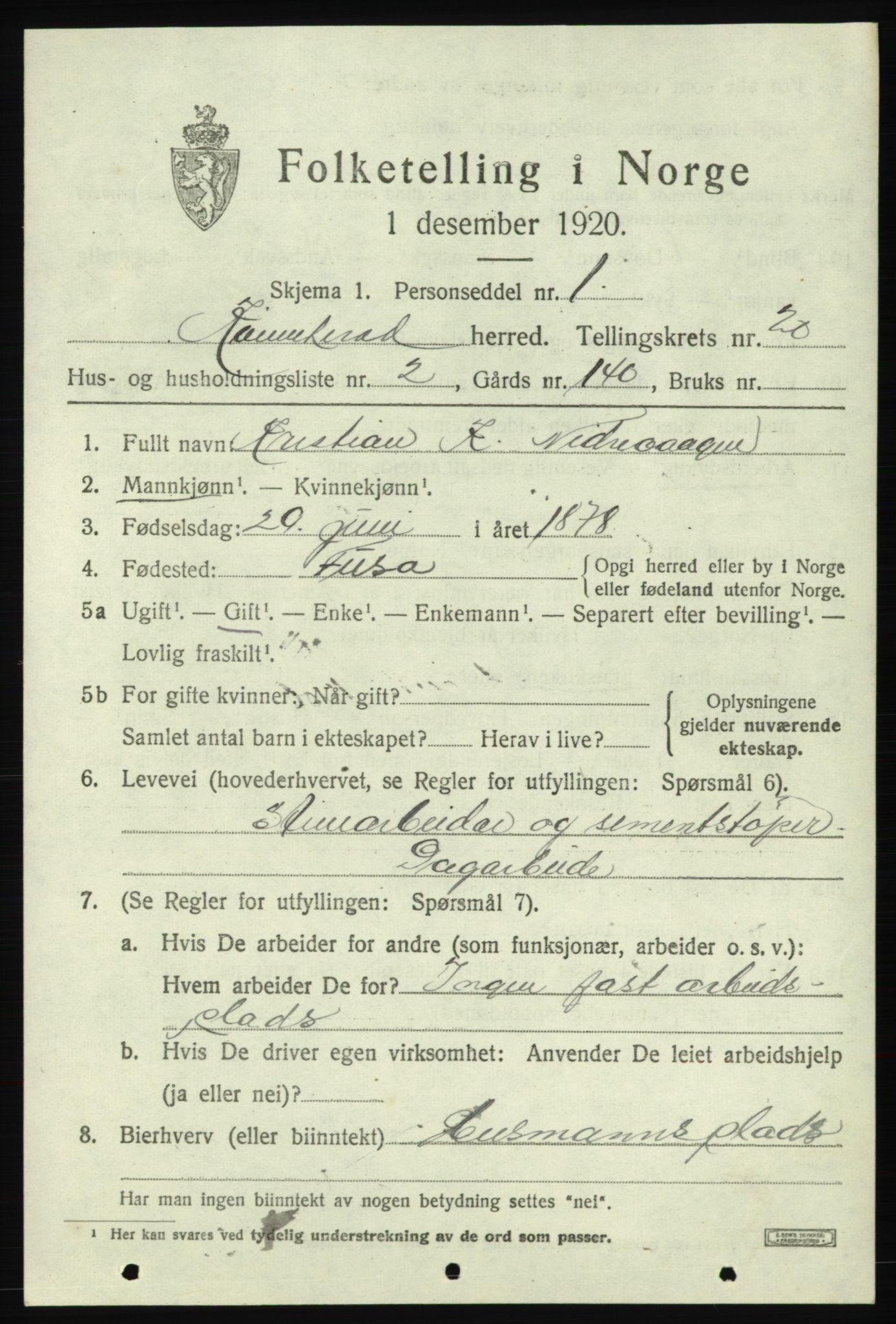 SAB, 1920 census for Kvinnherad, 1920, p. 12426