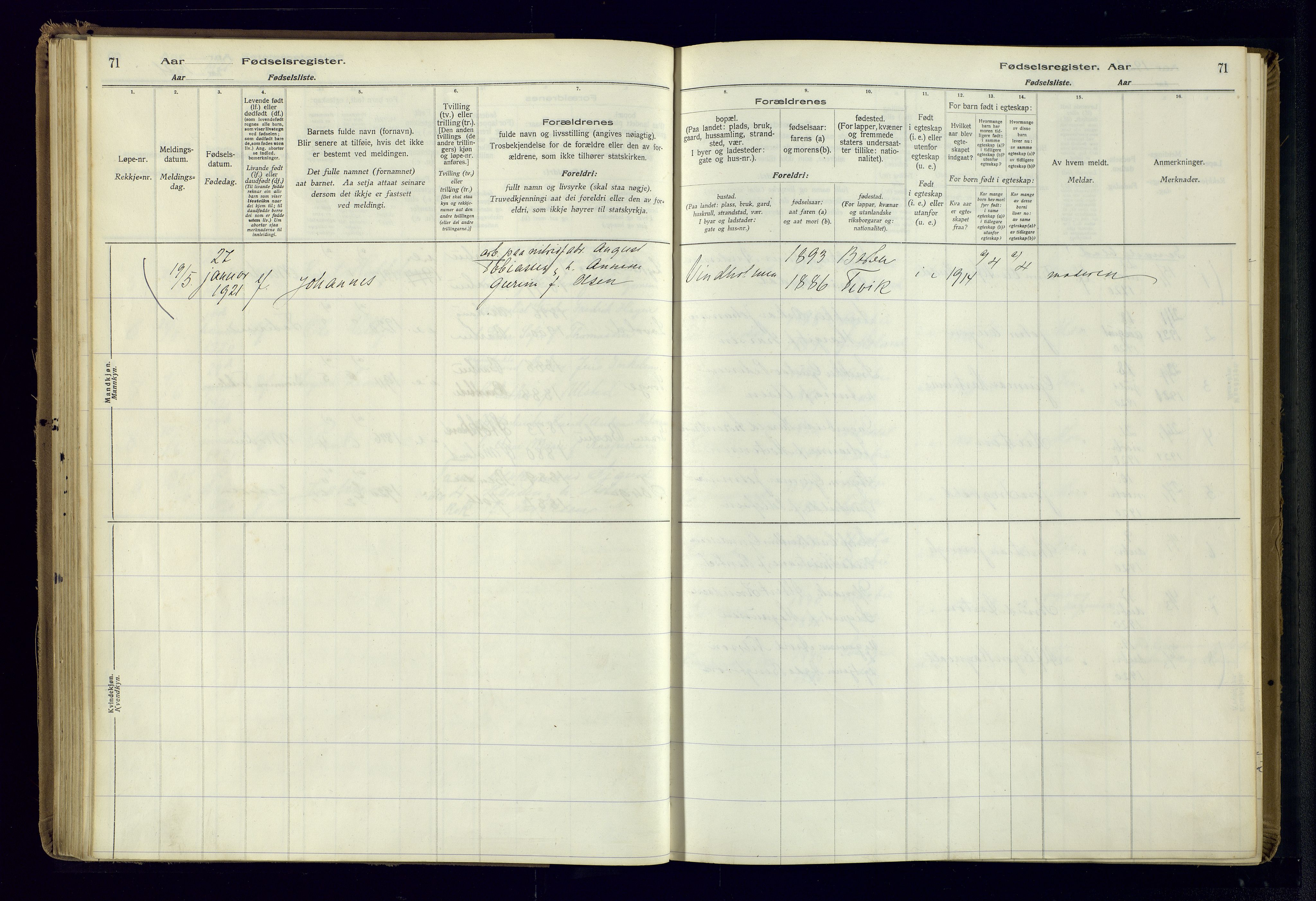 Barbu sokneprestkontor, AV/SAK-1111-0003/J/Ja/L0001: Birth register no. A-VIII-1, 1916-1937, p. 71