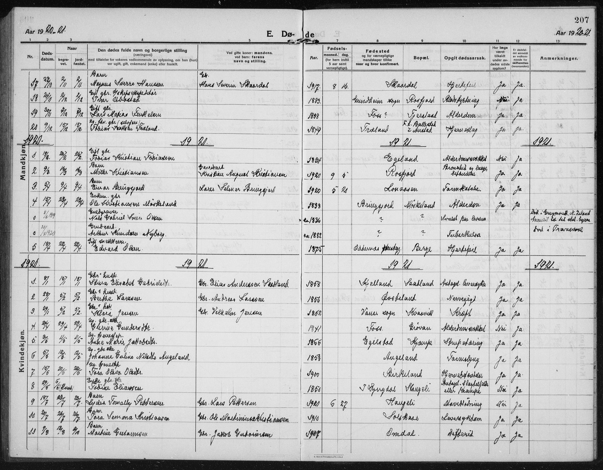 Lyngdal sokneprestkontor, AV/SAK-1111-0029/F/Fb/Fbc/L0006: Parish register (copy) no. B 6, 1914-1934, p. 207