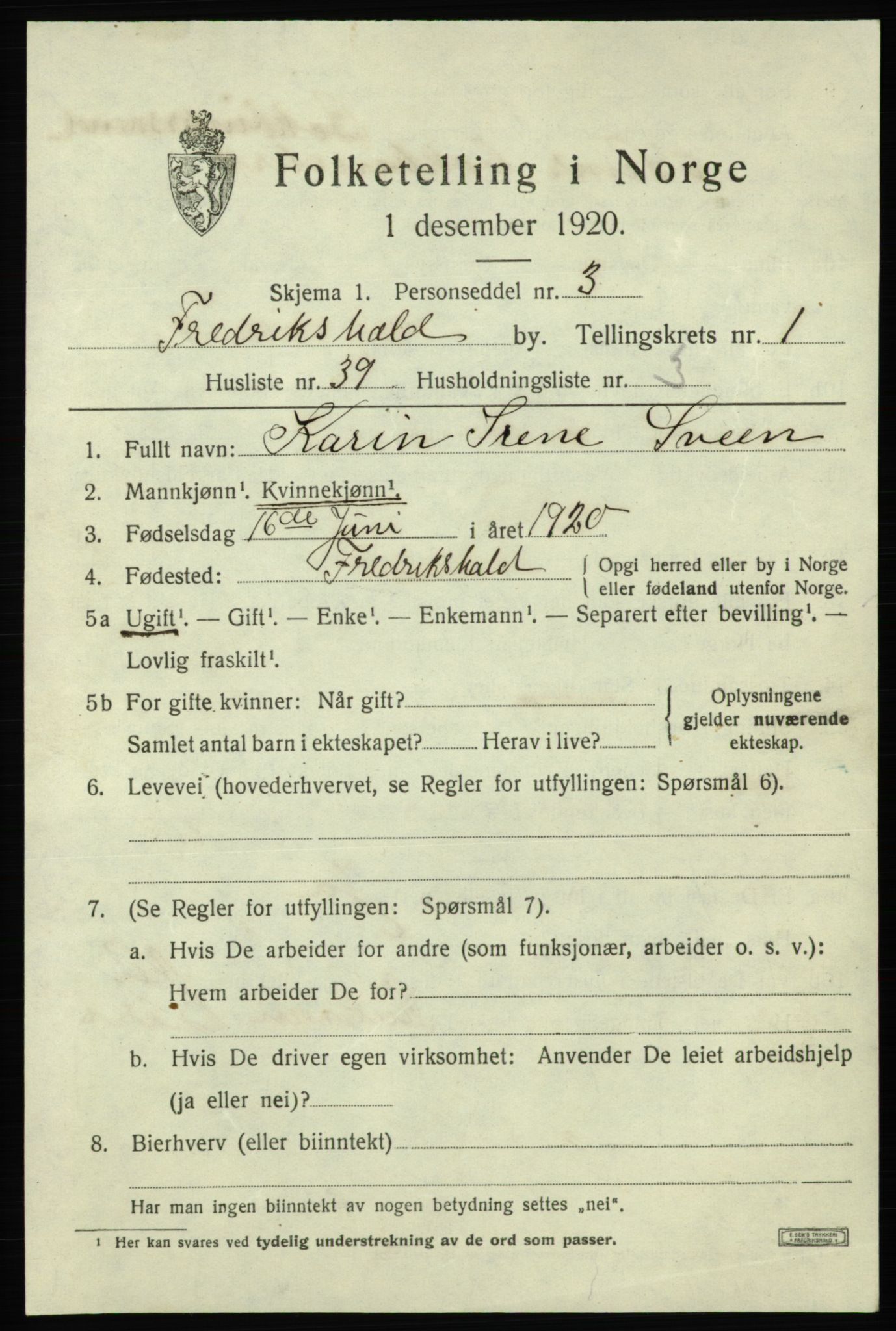 SAO, 1920 census for Fredrikshald, 1920, p. 8865