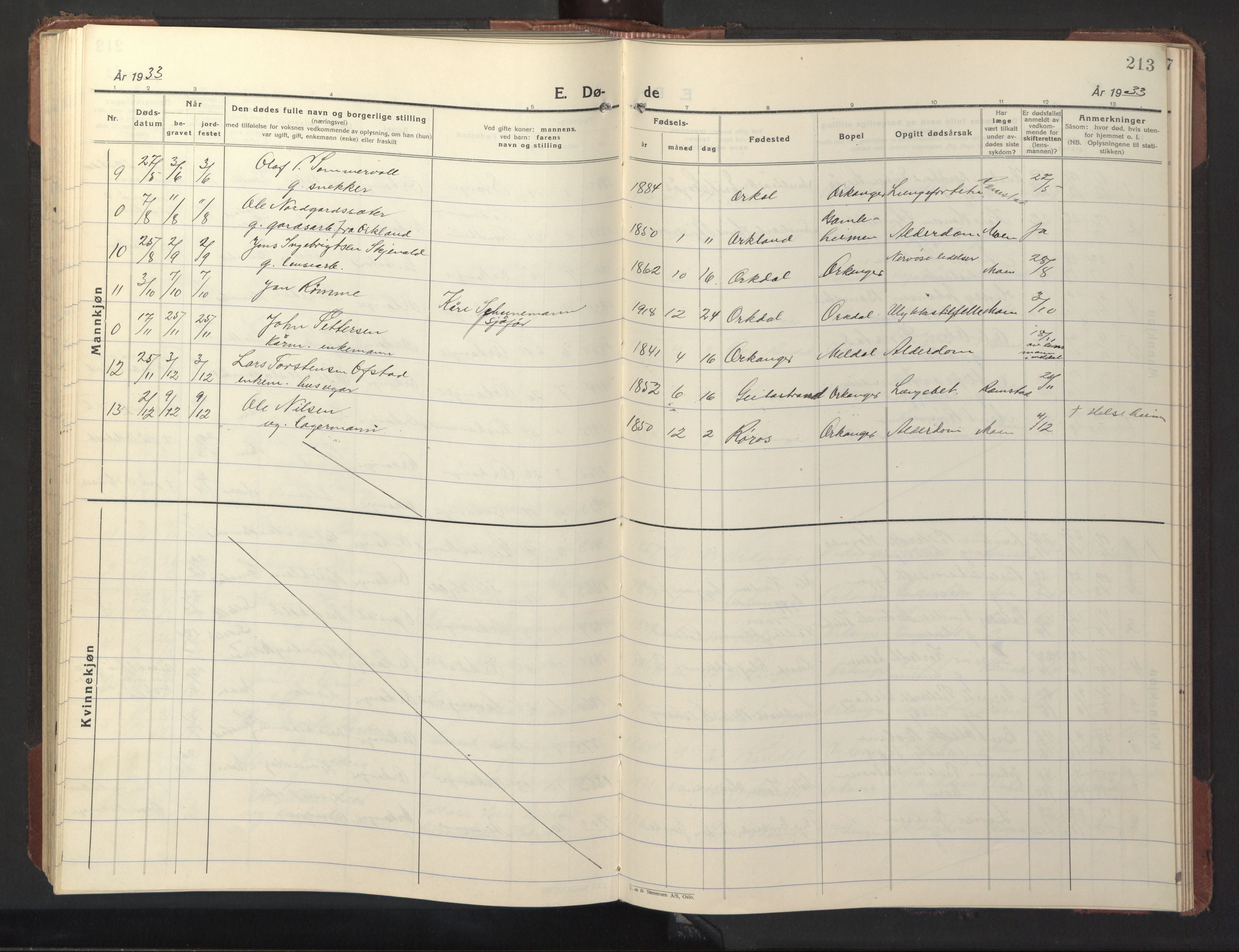 Ministerialprotokoller, klokkerbøker og fødselsregistre - Sør-Trøndelag, SAT/A-1456/669/L0832: Parish register (copy) no. 669C02, 1925-1953, p. 213