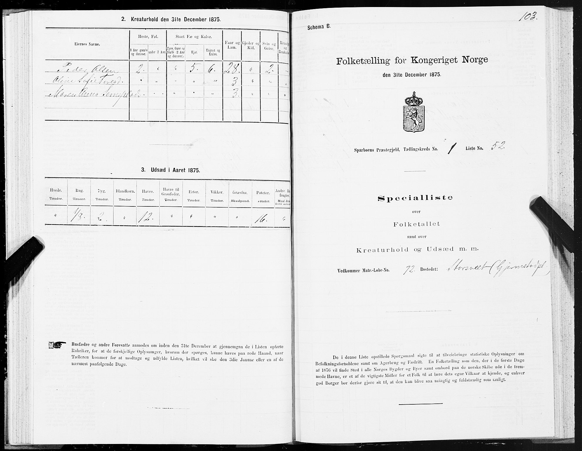 SAT, 1875 census for 1731P Sparbu, 1875, p. 1103