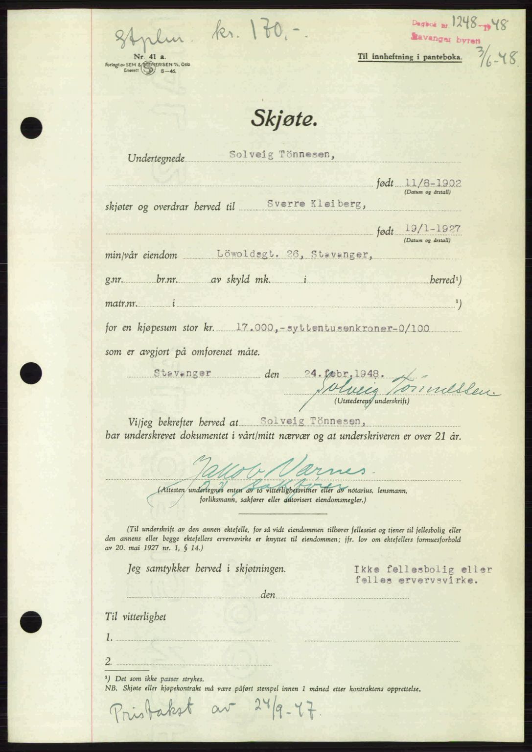 Stavanger byrett, SAST/A-100455/002/G/Gb/L0022: Mortgage book no. A11, 1947-1948, Diary no: : 1248/1948