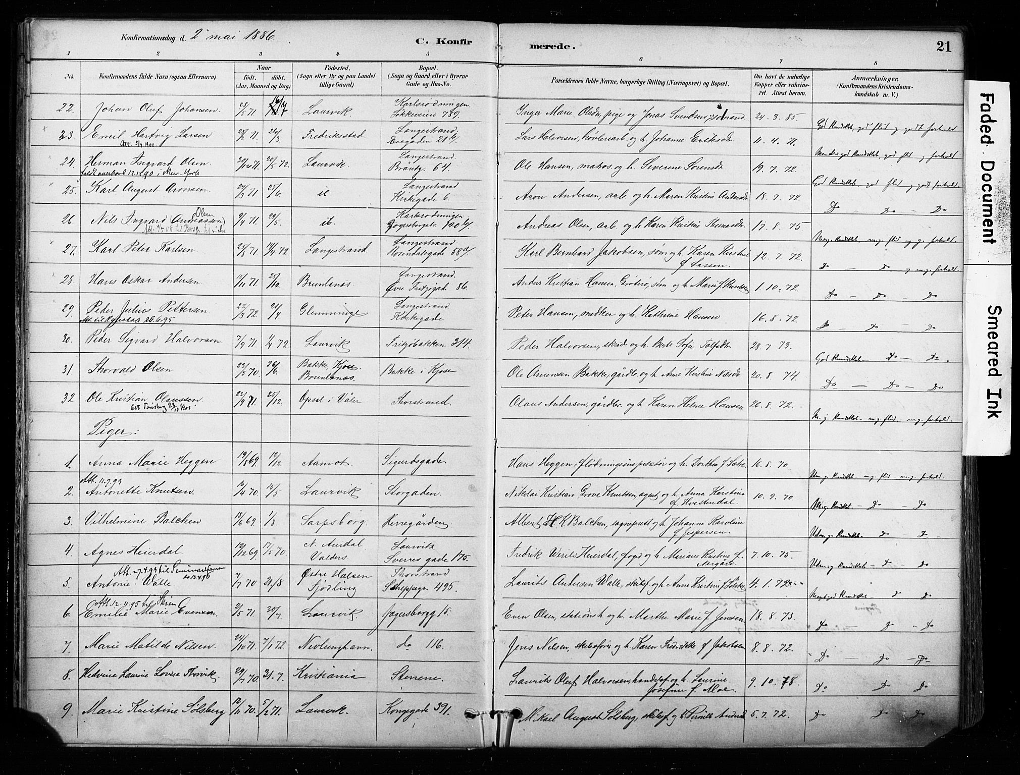 Larvik kirkebøker, AV/SAKO-A-352/F/Fa/L0008: Parish register (official) no. I 8, 1884-1902, p. 21