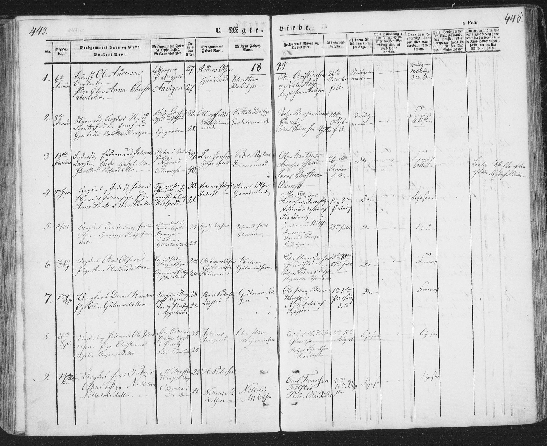 Ministerialprotokoller, klokkerbøker og fødselsregistre - Nordland, SAT/A-1459/874/L1072: Parish register (copy) no. 874C01, 1843-1859, p. 445-446