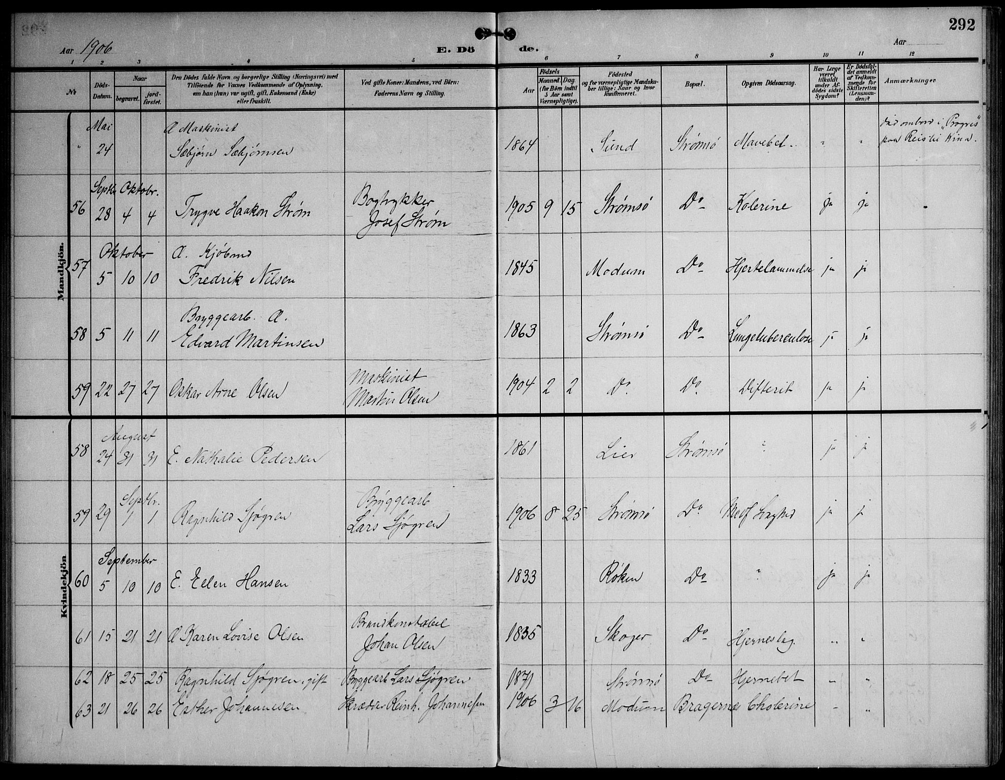 Strømsø kirkebøker, AV/SAKO-A-246/F/Fa/L0026: Parish register (official) no. I 26, 1905-1914, p. 292