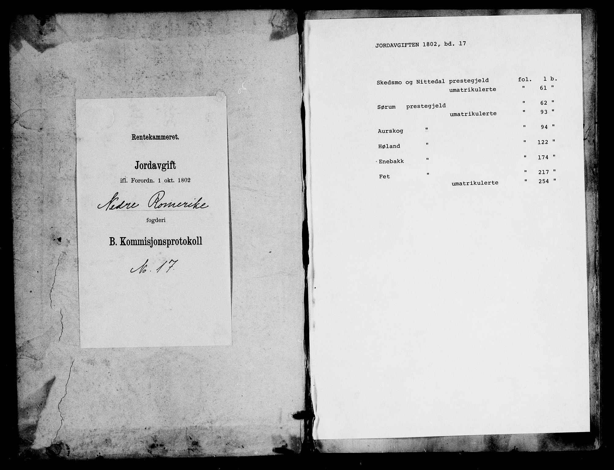 Rentekammeret inntil 1814, Realistisk ordnet avdeling, RA/EA-4070/N/Ne/Nea/L0017: Nedre Romerike fogderi. Kommisjonsprotokoll, 1803, p. 1