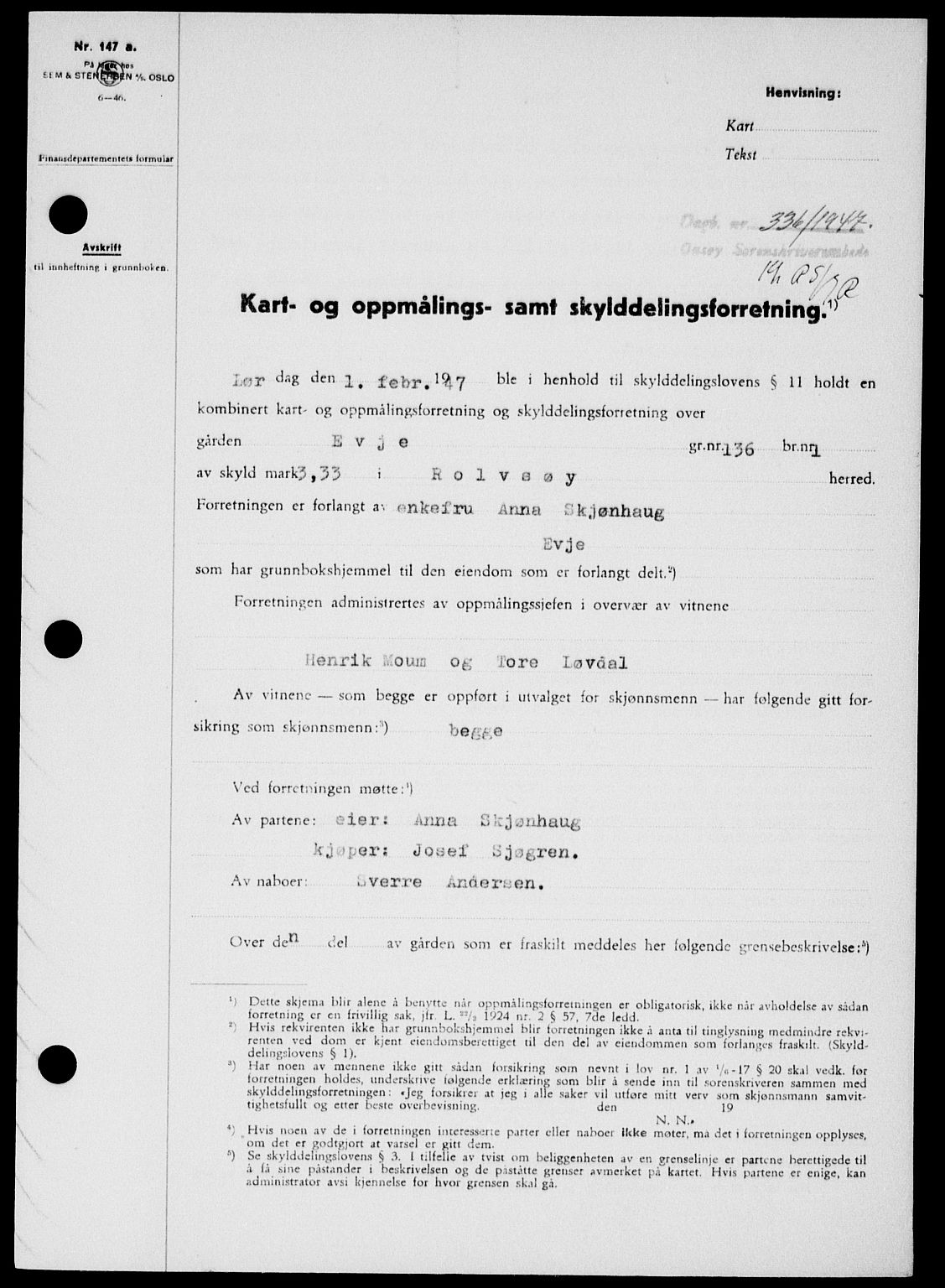 Onsøy sorenskriveri, SAO/A-10474/G/Ga/Gab/L0018: Mortgage book no. II A-18, 1946-1947, Diary no: : 336/1947