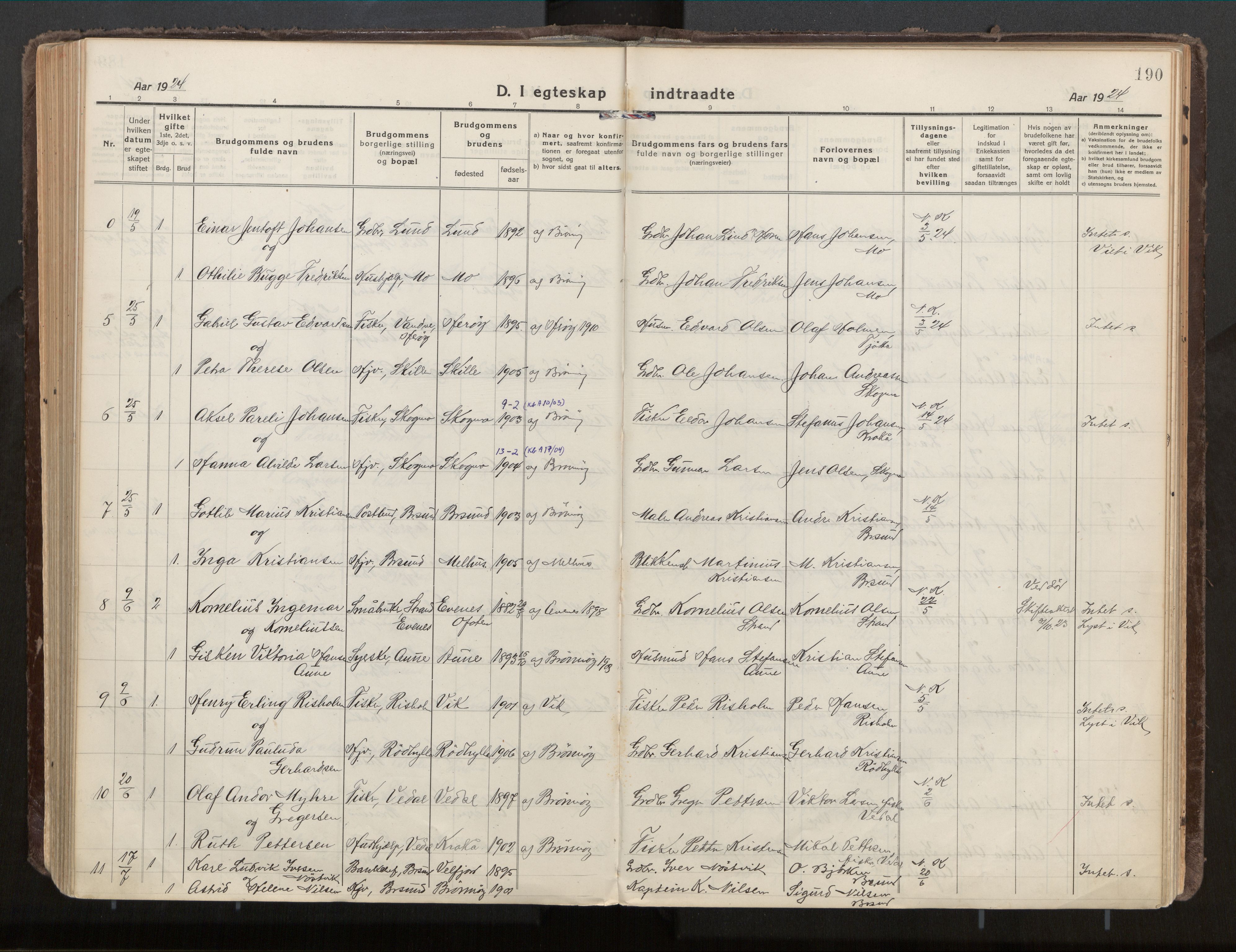 Ministerialprotokoller, klokkerbøker og fødselsregistre - Nordland, SAT/A-1459/813/L0207a: Parish register (official) no. 813A18, 1919-1927, p. 190