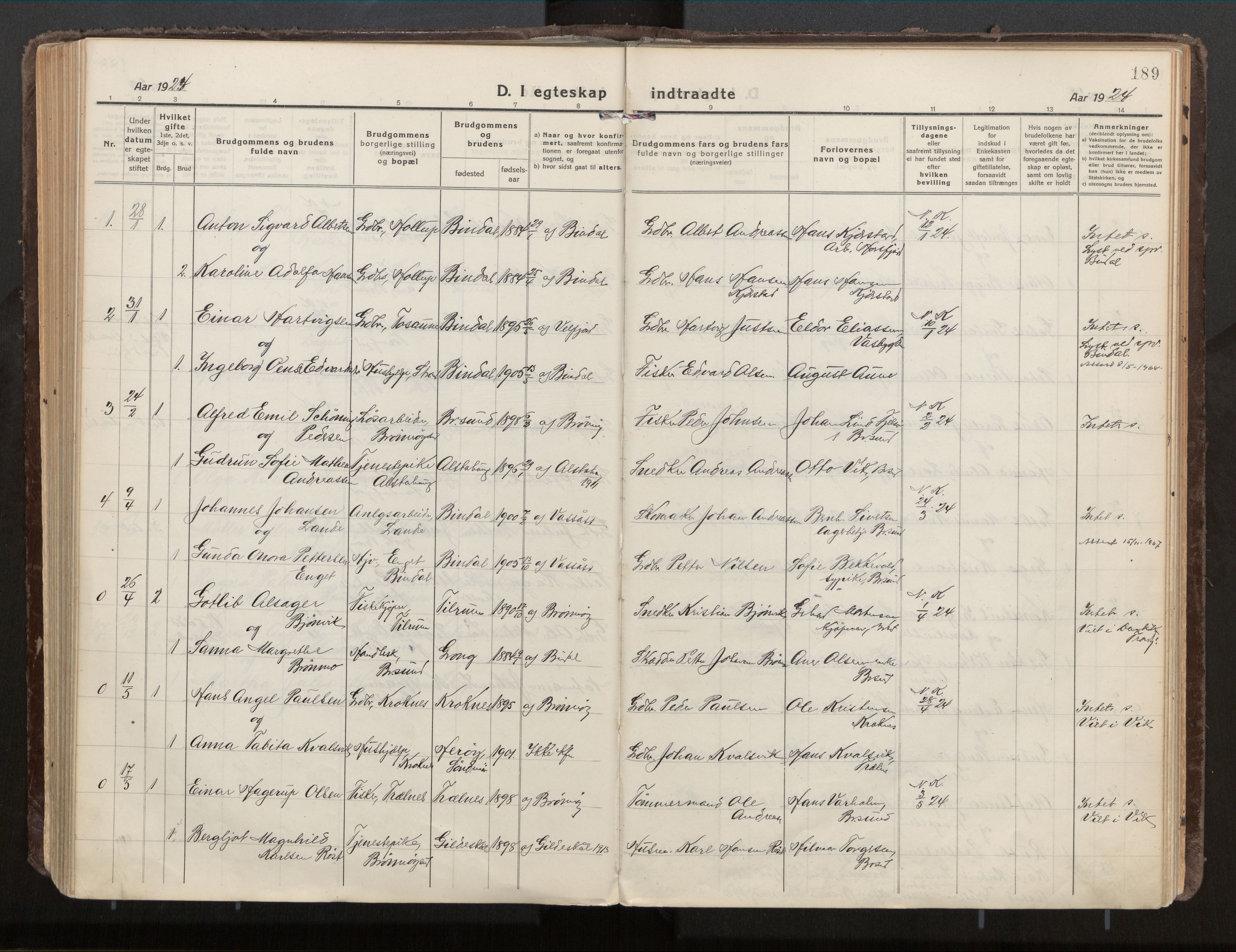 Ministerialprotokoller, klokkerbøker og fødselsregistre - Nordland, SAT/A-1459/813/L0207a: Parish register (official) no. 813A18, 1919-1927, p. 189