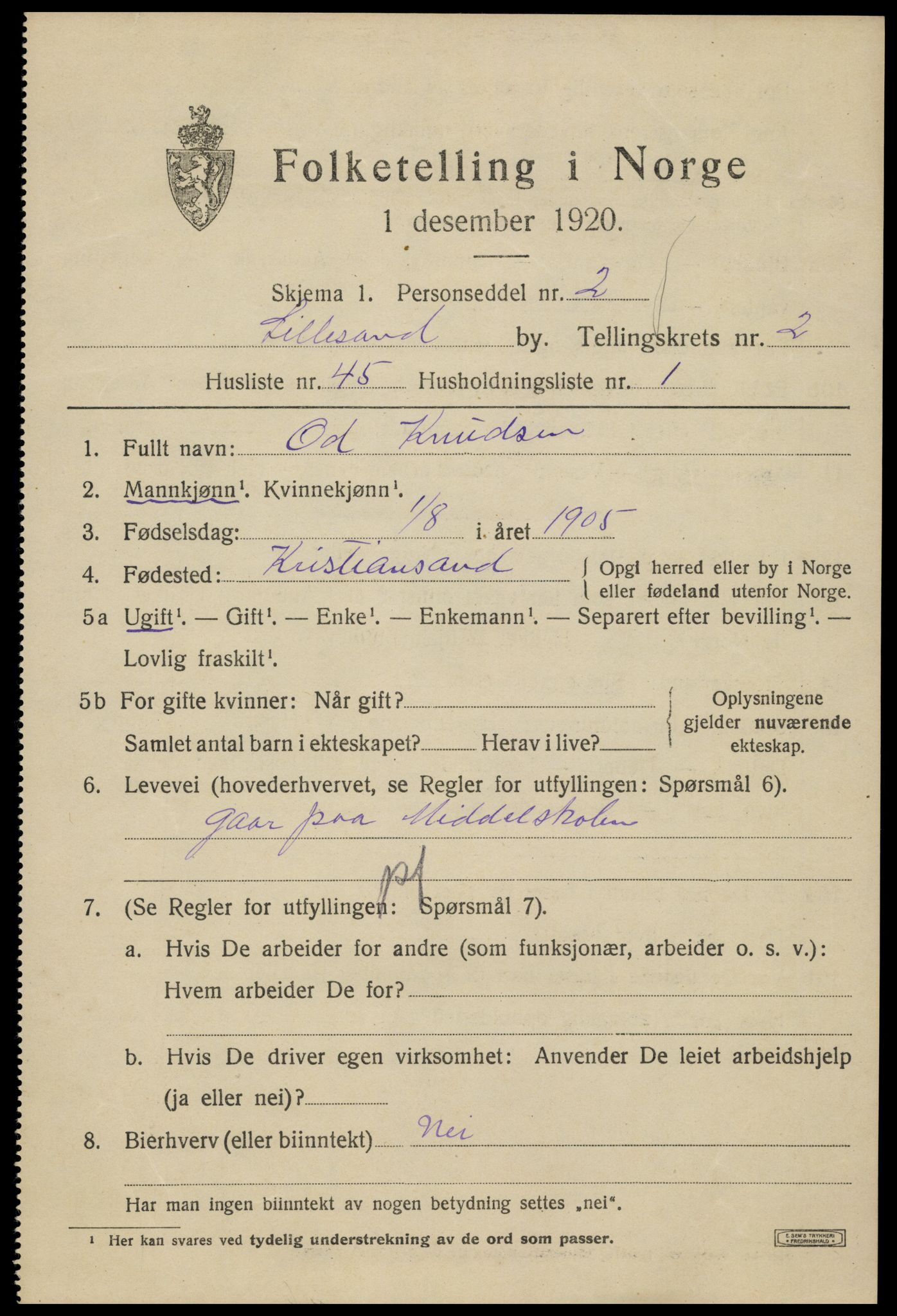 SAK, 1920 census for Lillesand, 1920, p. 2889