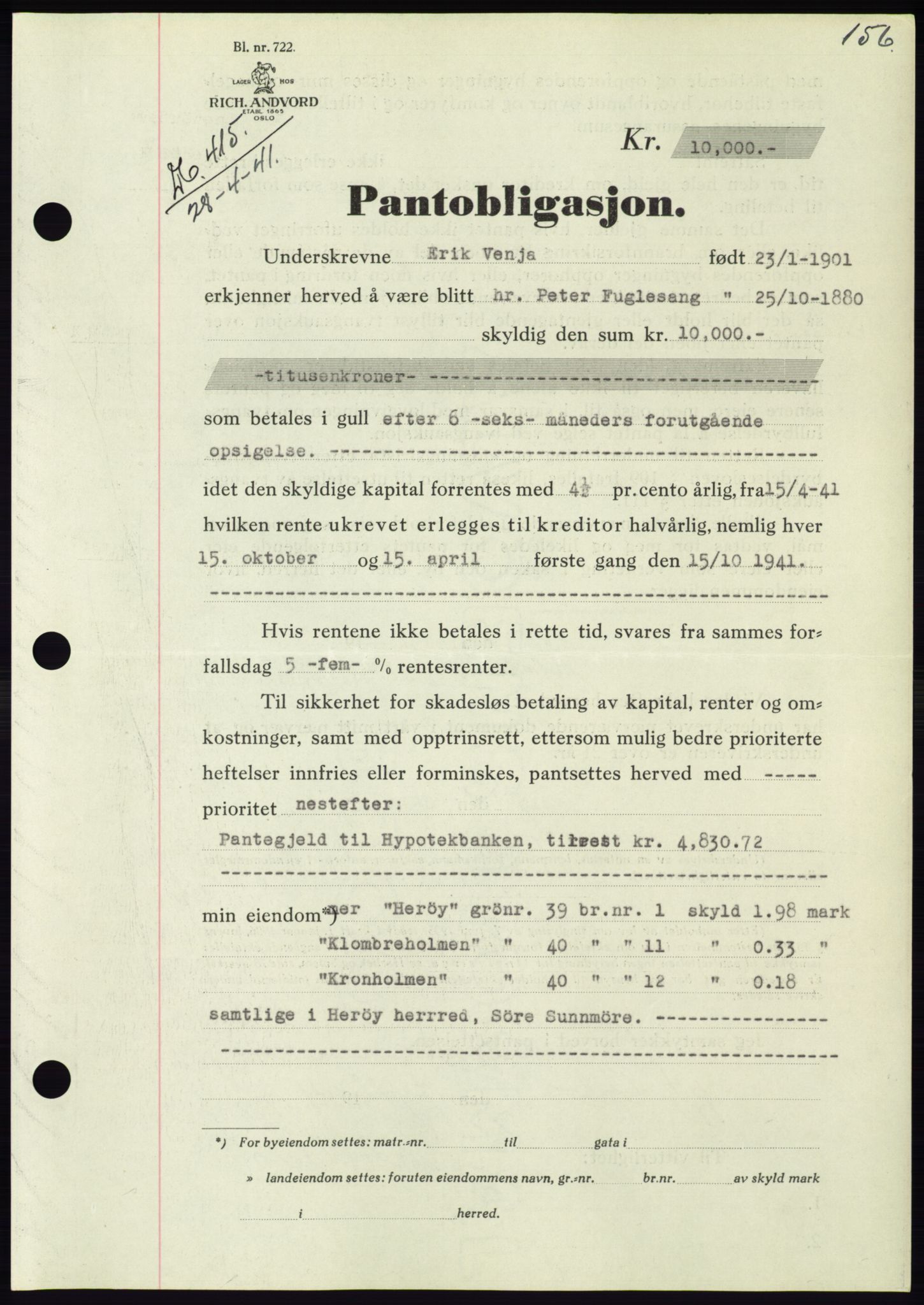 Søre Sunnmøre sorenskriveri, AV/SAT-A-4122/1/2/2C/L0071: Mortgage book no. 65, 1941-1941, Diary no: : 415/1941