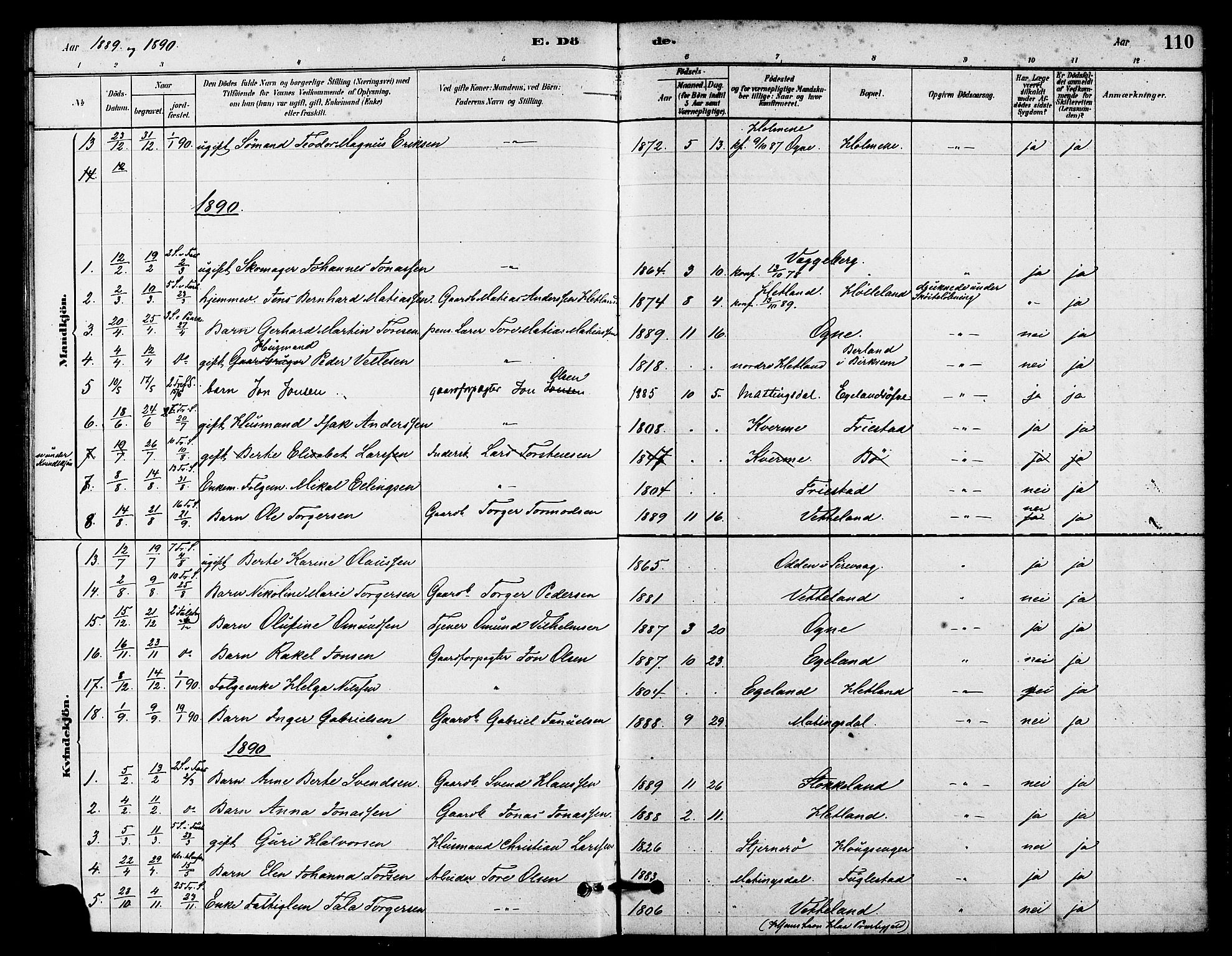 Eigersund sokneprestkontor, SAST/A-101807/S08/L0016: Parish register (official) no. A 16, 1879-1893, p. 110