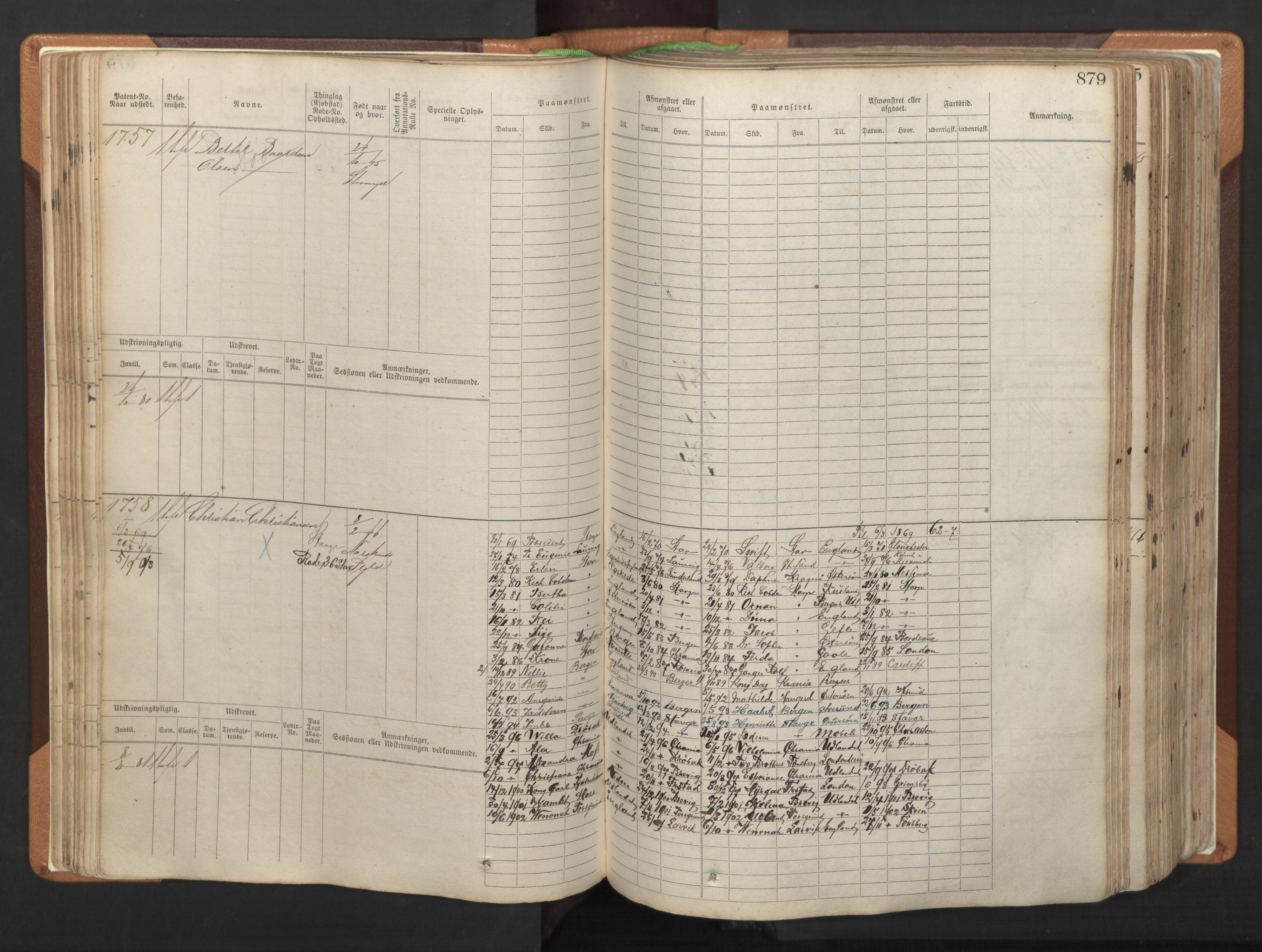 Stavanger sjømannskontor, AV/SAST-A-102006/F/Fb/Fbb/L0006: Sjøfartshovedrulle, patentnr. 1607-2402 (del 3), 1869-1880, p. 78