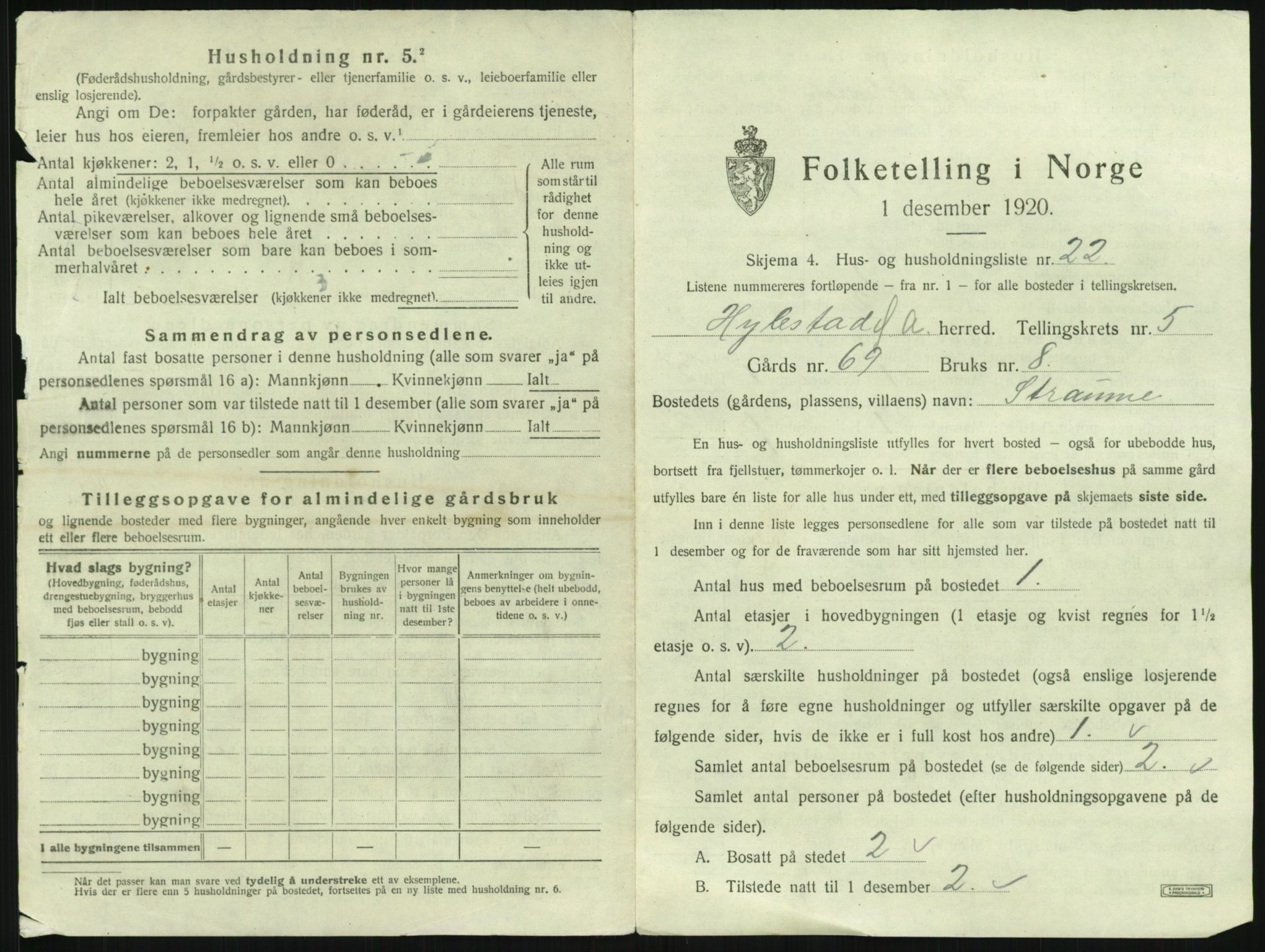 SAK, 1920 census for Hylestad, 1920, p. 278