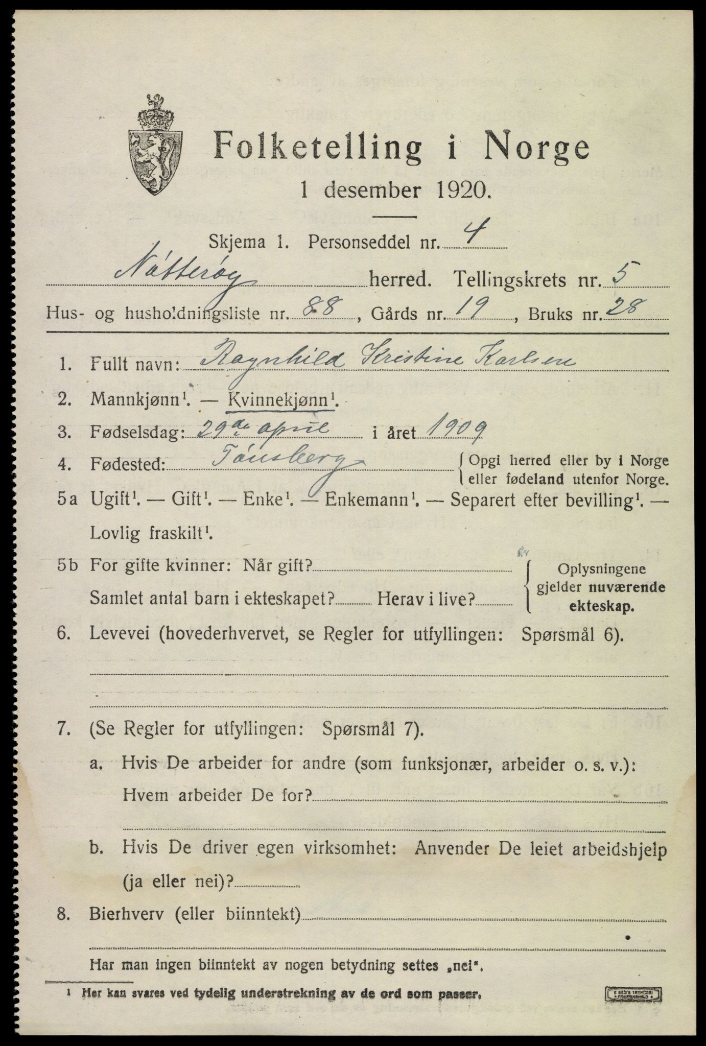 SAKO, 1920 census for Nøtterøy, 1920, p. 8407